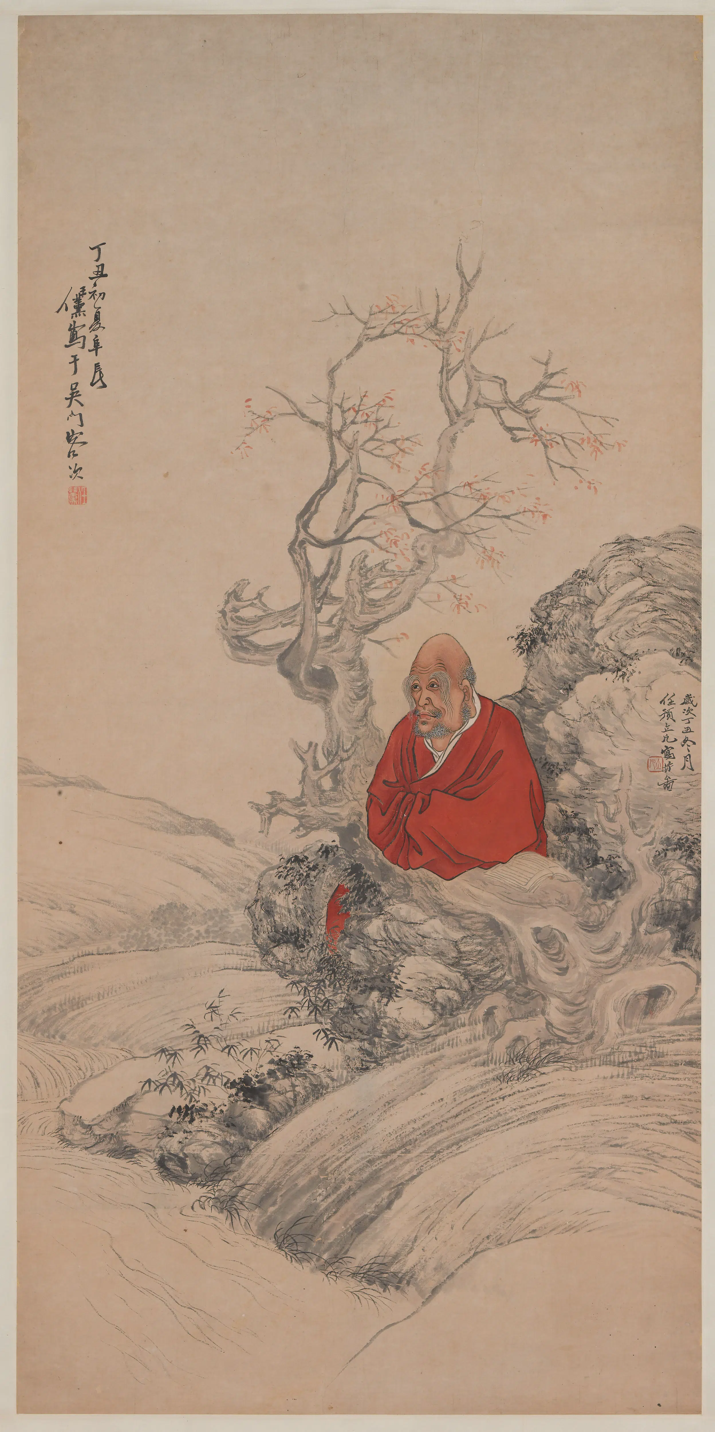 清代【任薰】《任预合作达摩听泉图轴》 第1张