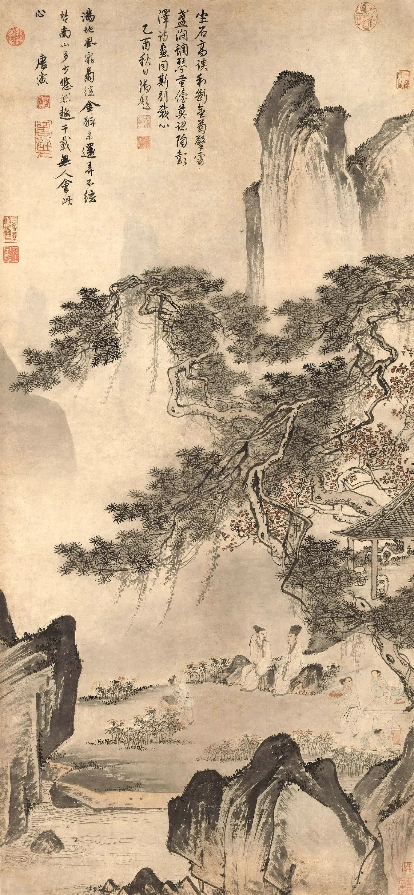 明朝【唐寅-伯虎】《东篱赏菊图轴》