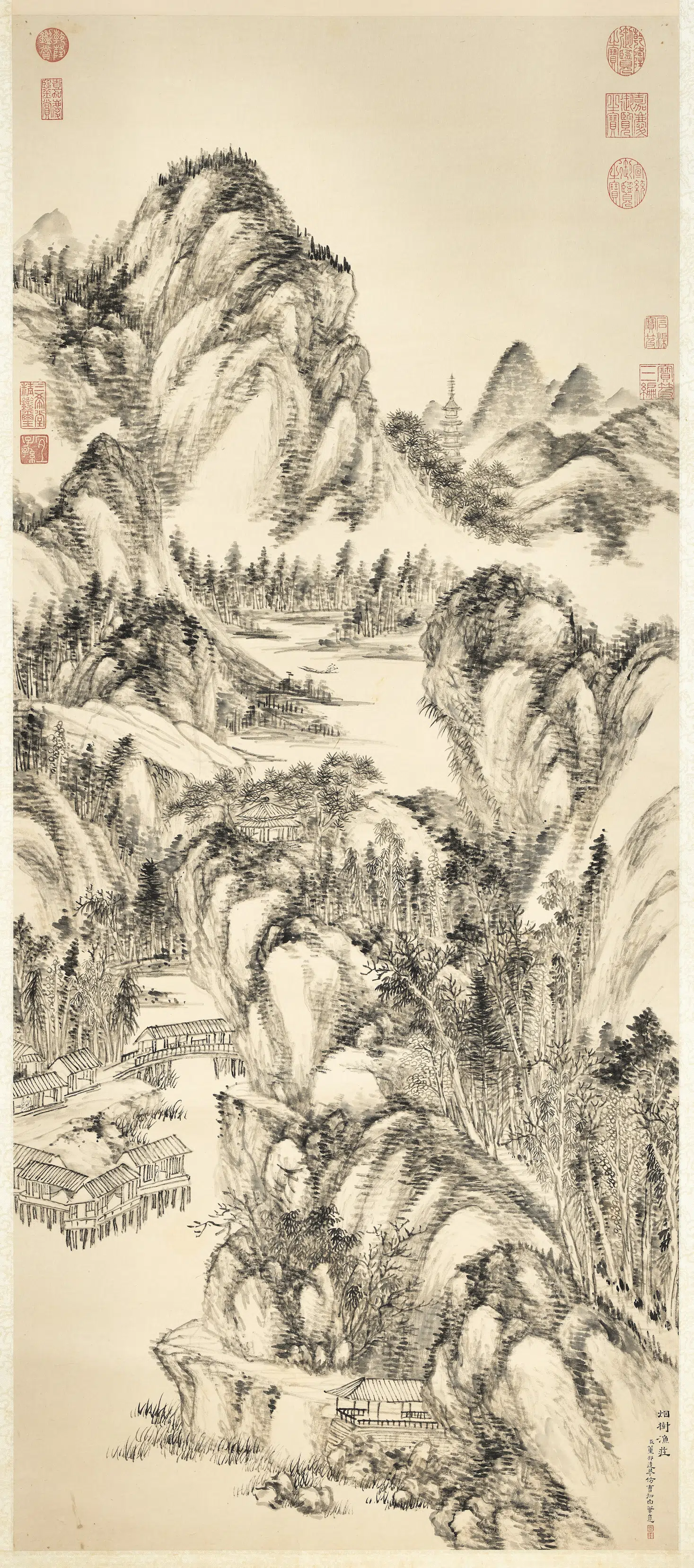 清代【董邦达】《烟树渔庄图轴》