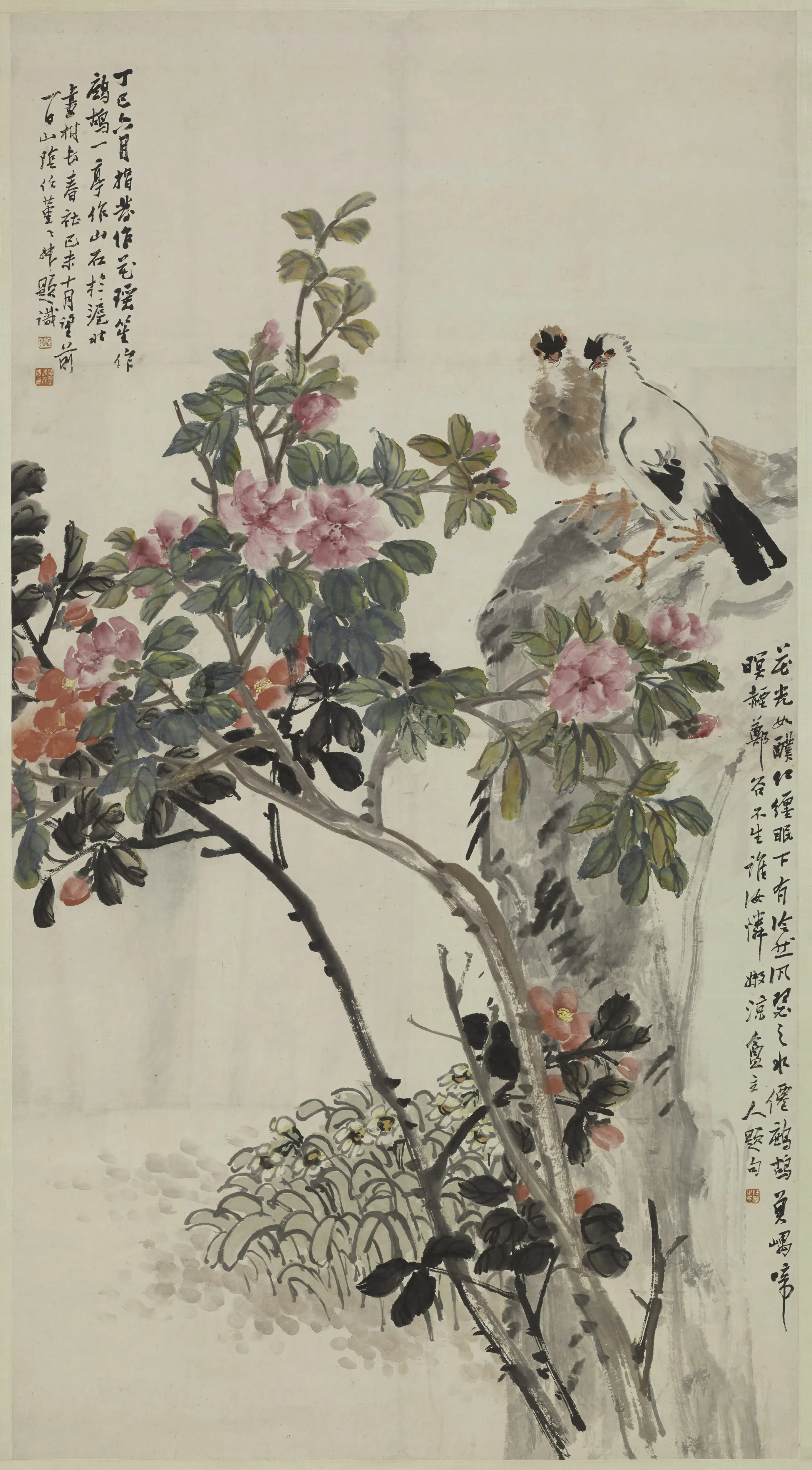 近现代【叶振家（叶指发）】《程璋王震合作花鸟轴》 第1张