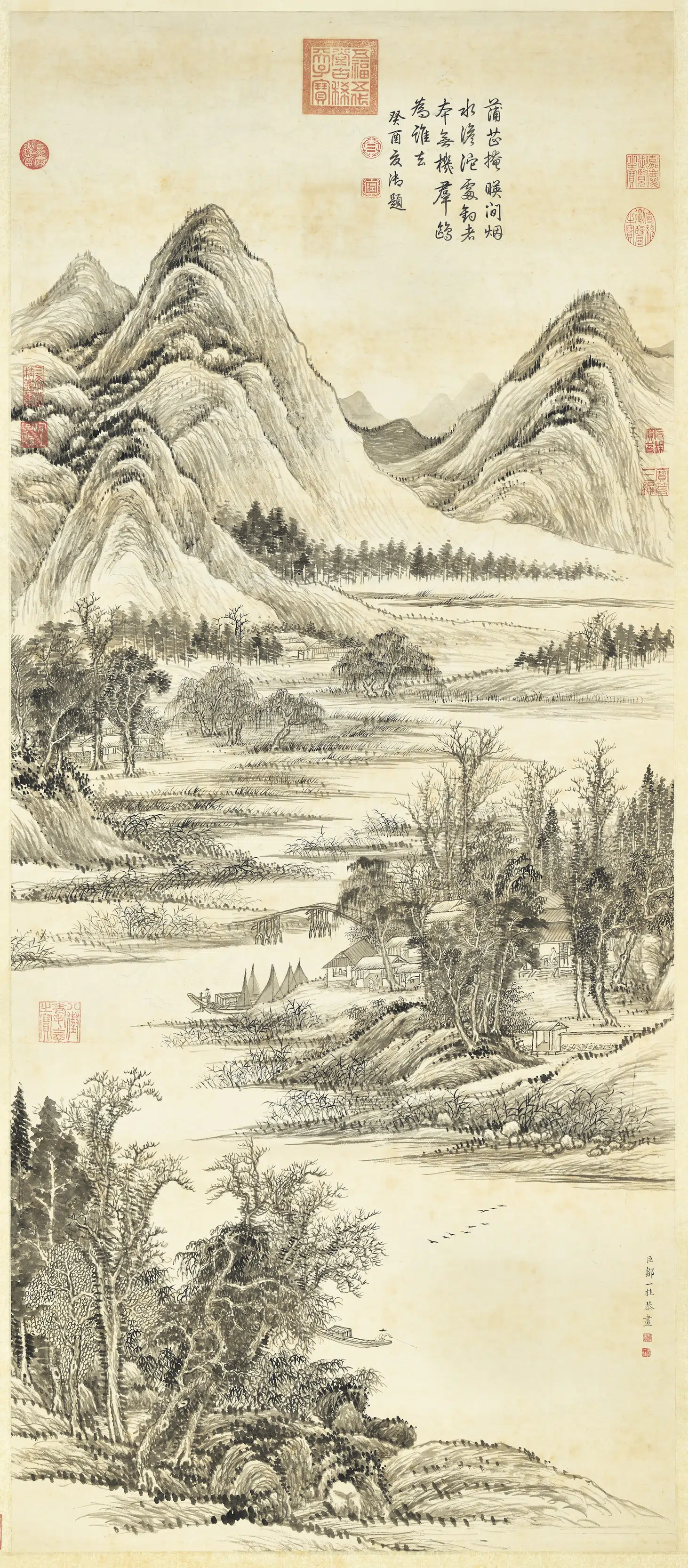 清代【邹一桂】《画蒲芷群鸥图轴》