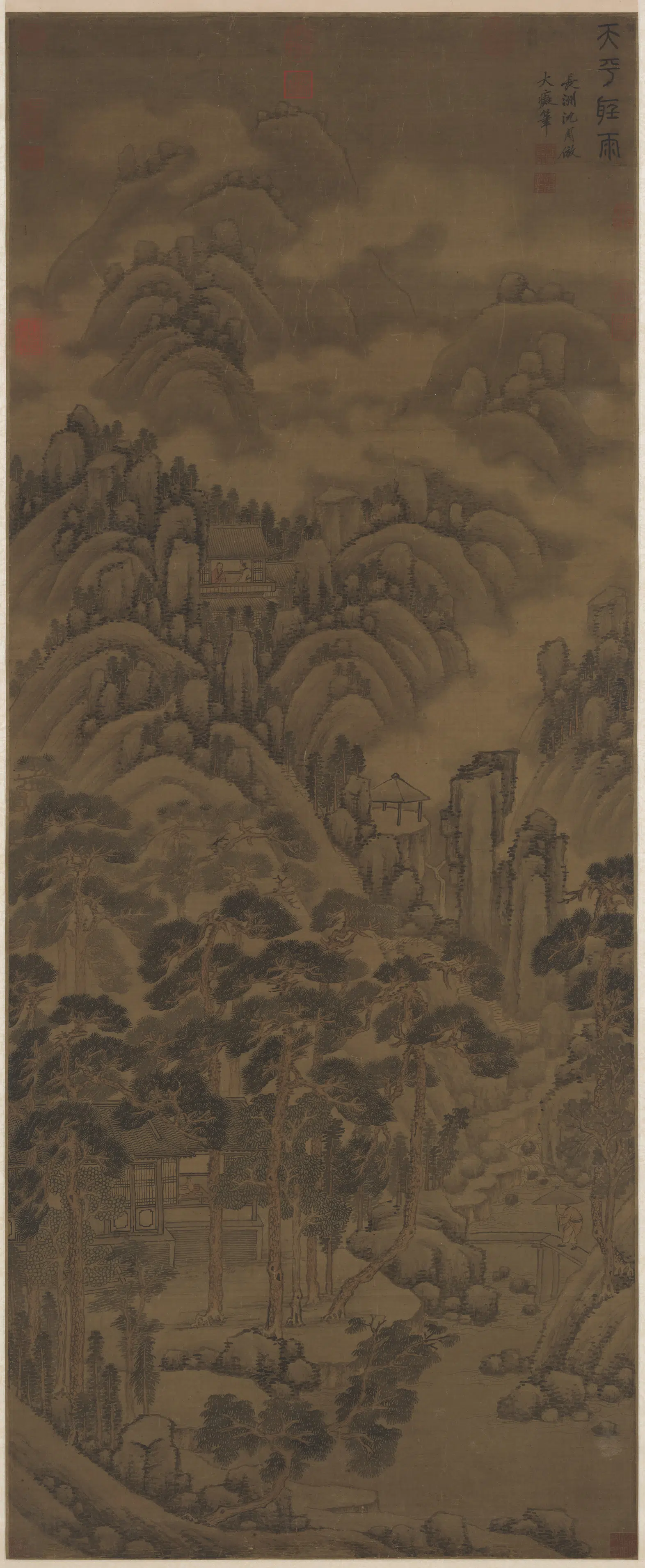 明朝【沈周】《天平听雨图轴》