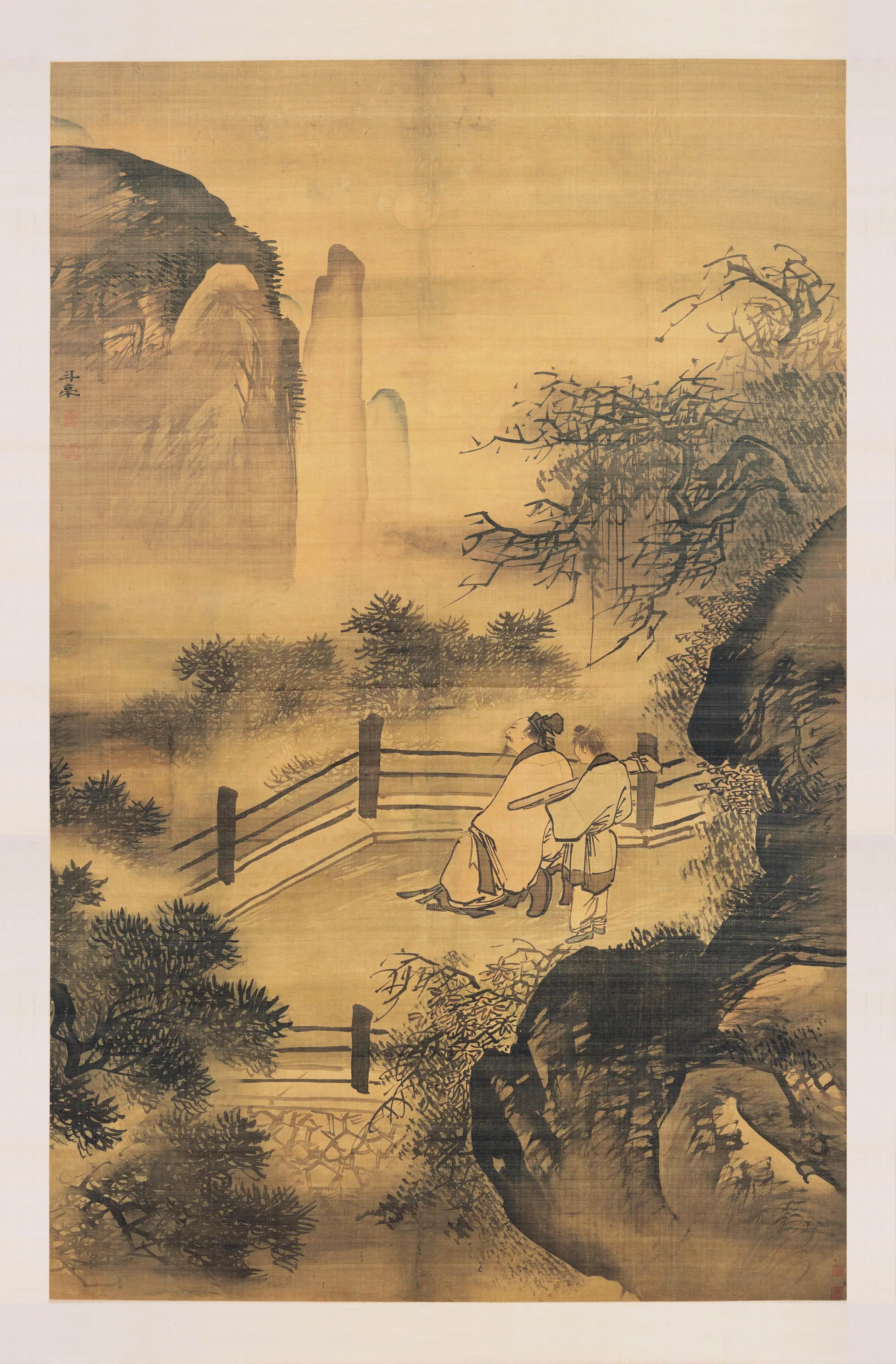明朝【李仪】《携琴赏月图轴》