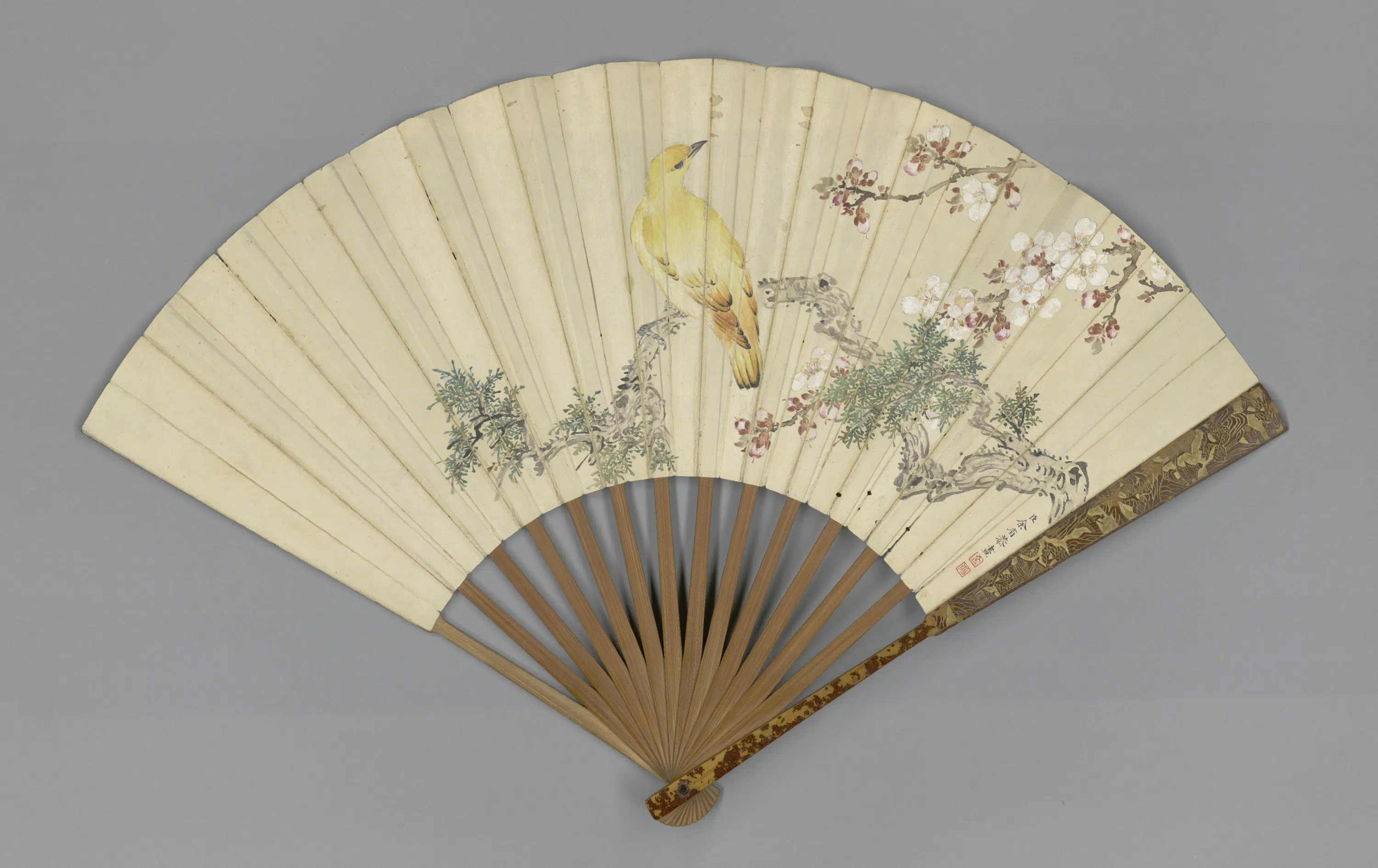 清代【余省】《画花鸟刘统勋书诗成扇》