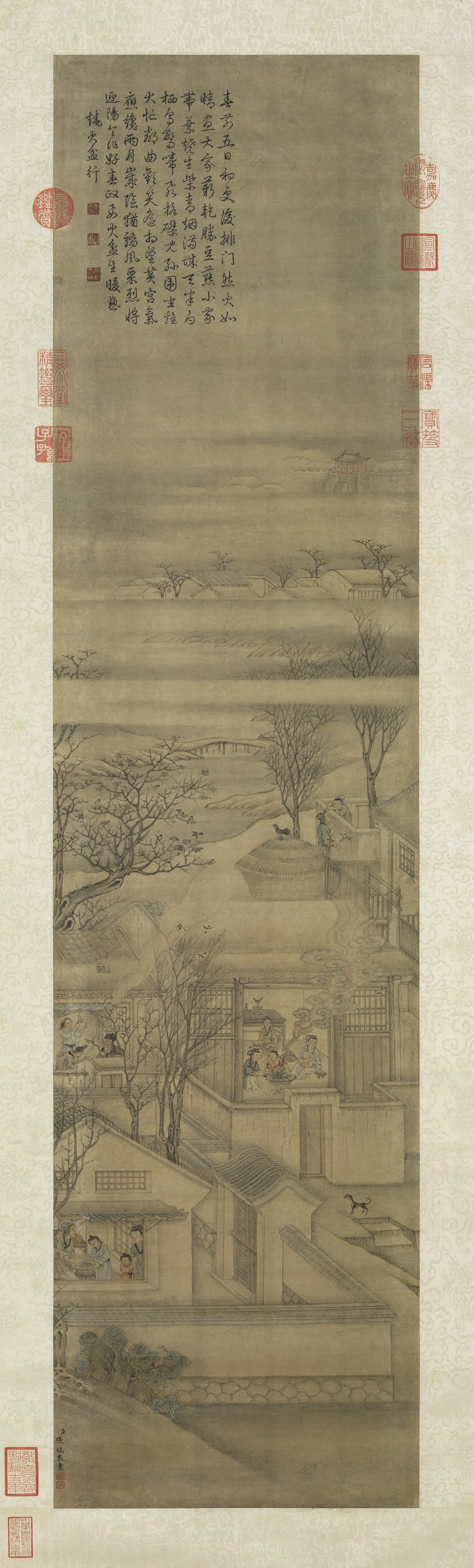 清代【张镐】《绘高宗御题范成大烧火盆行轴》