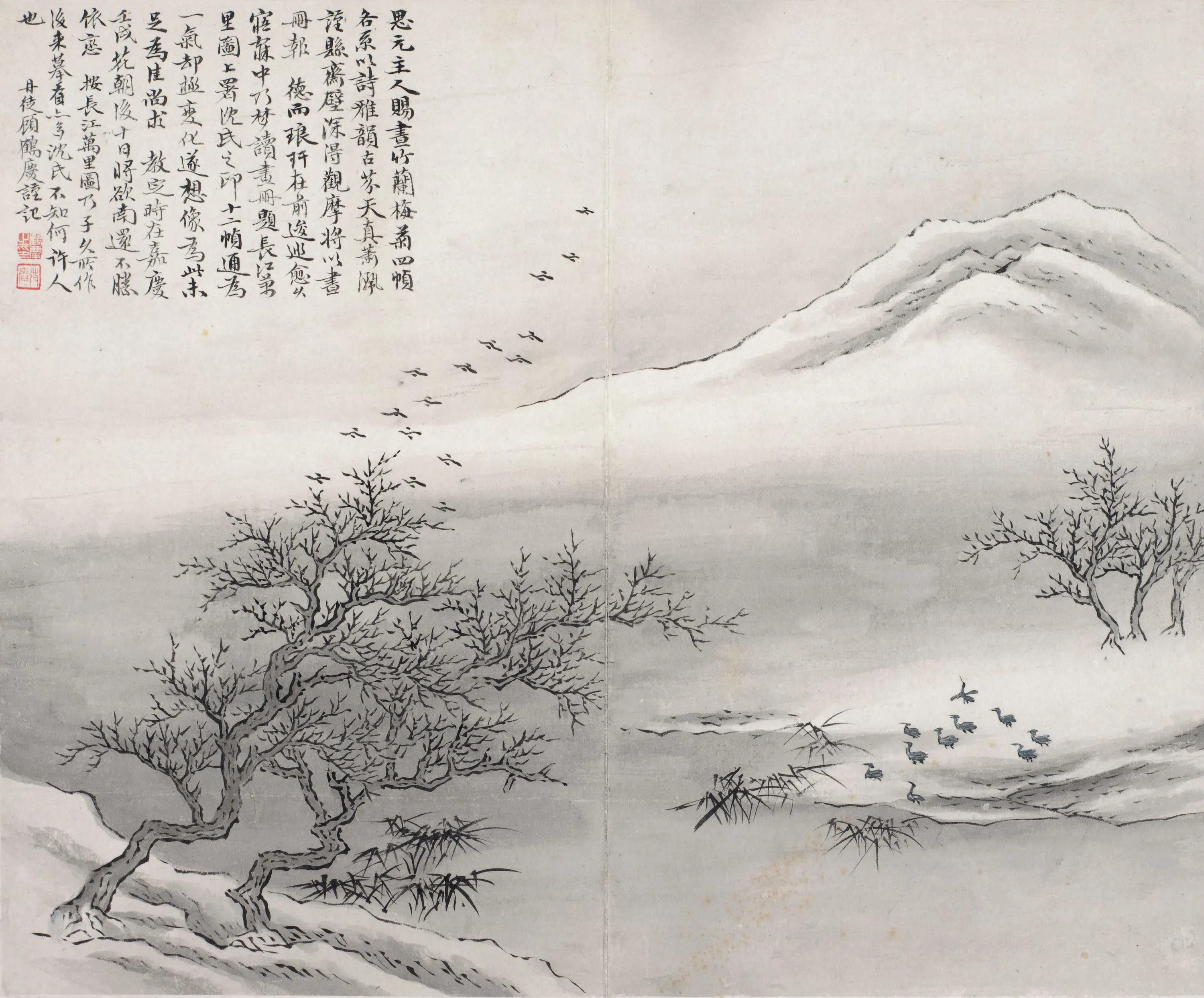 清代【顾鹤庆】《堤岸栖禽图》
