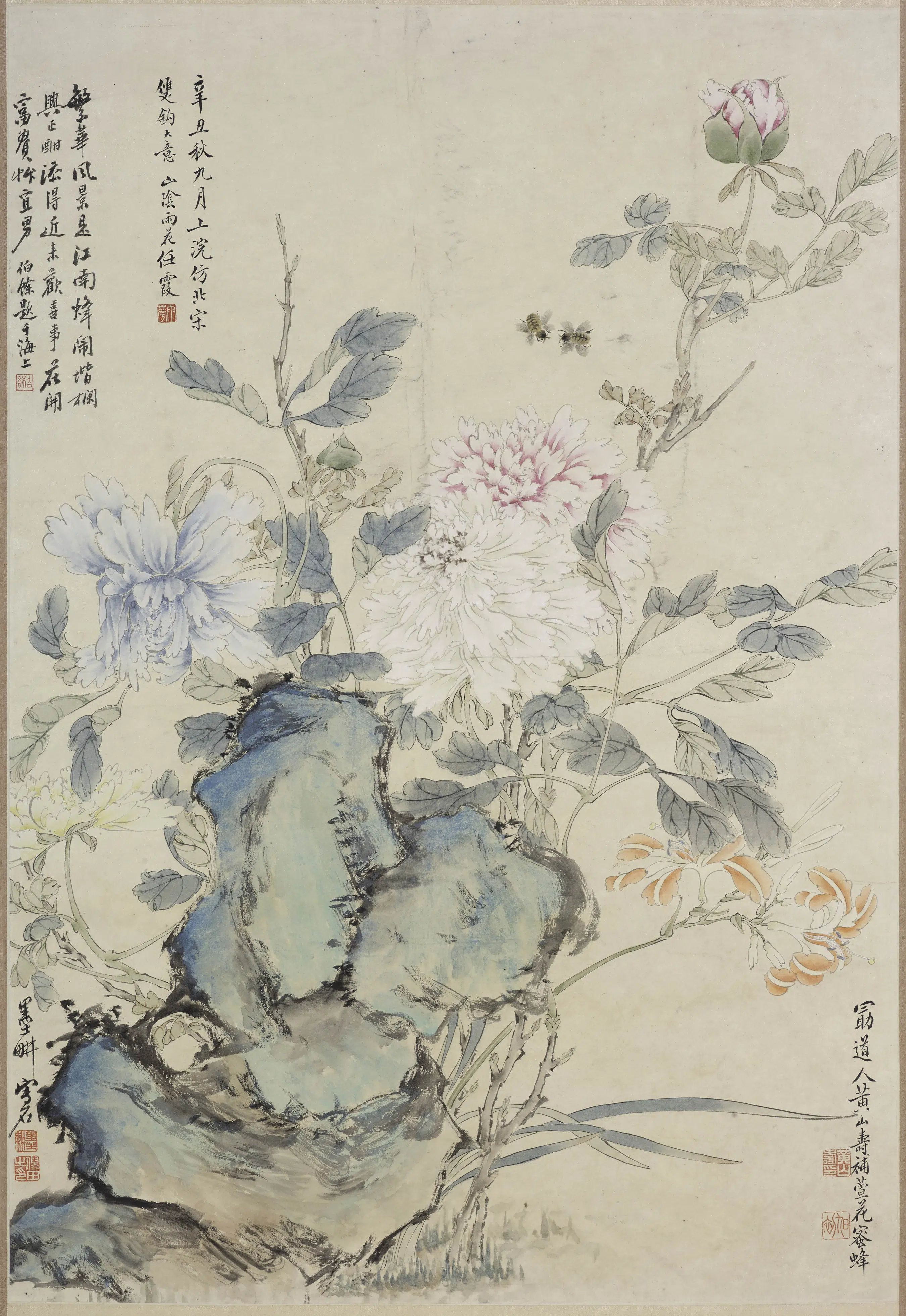 清代【倪田】《黄山寿牡丹图轴》