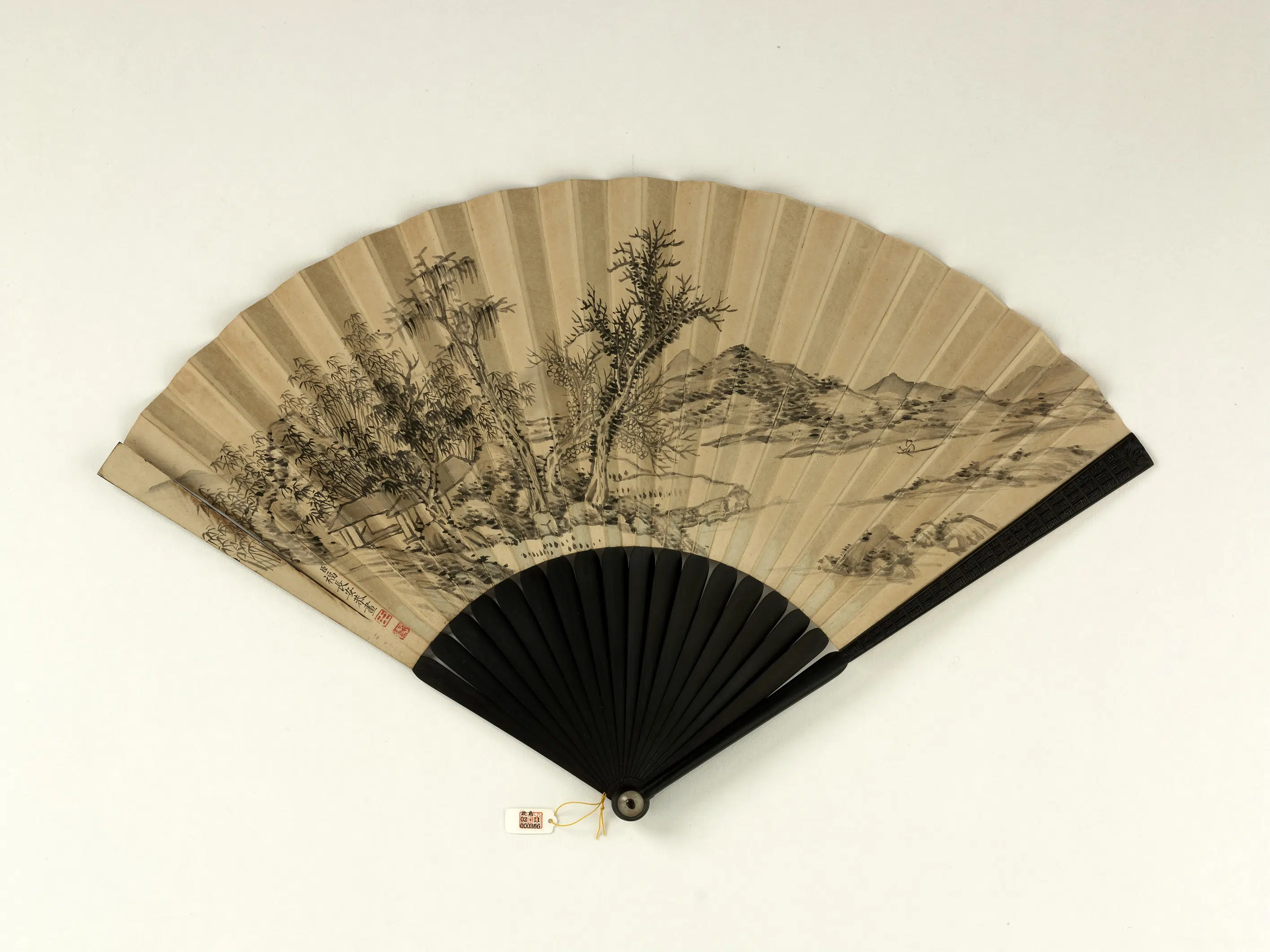 清代【爱新觉罗颙(永)琰-嘉庆仁宗皇帝】《永琰书乾隆御制旷楼咏竹诗四首福长安画山水-成扇》