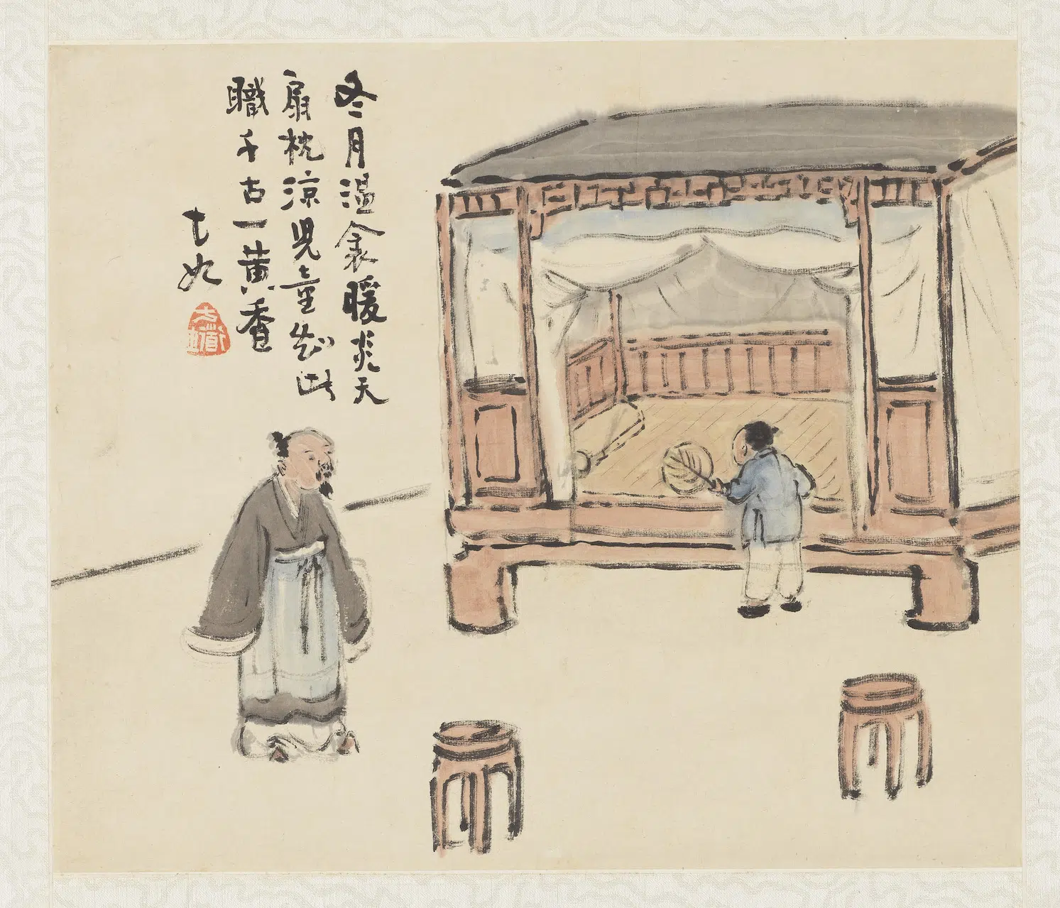 清代【曾衍东】《二十四孝八屏图轴-扇枕温衾》