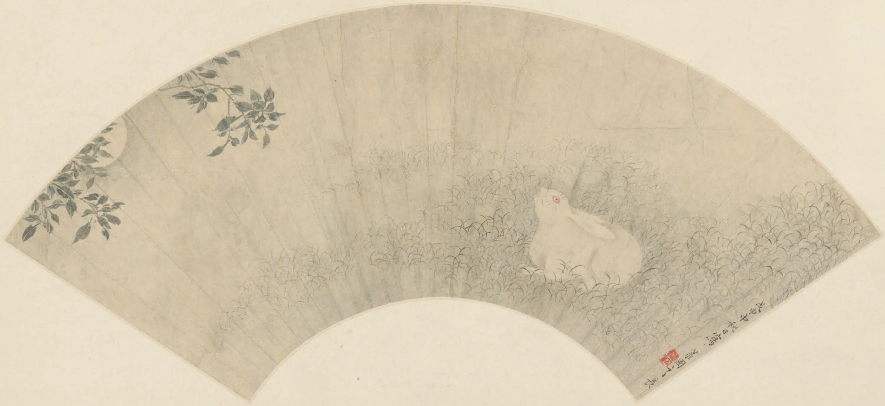 清代【李世倬】《桂花月兔图扇页》
