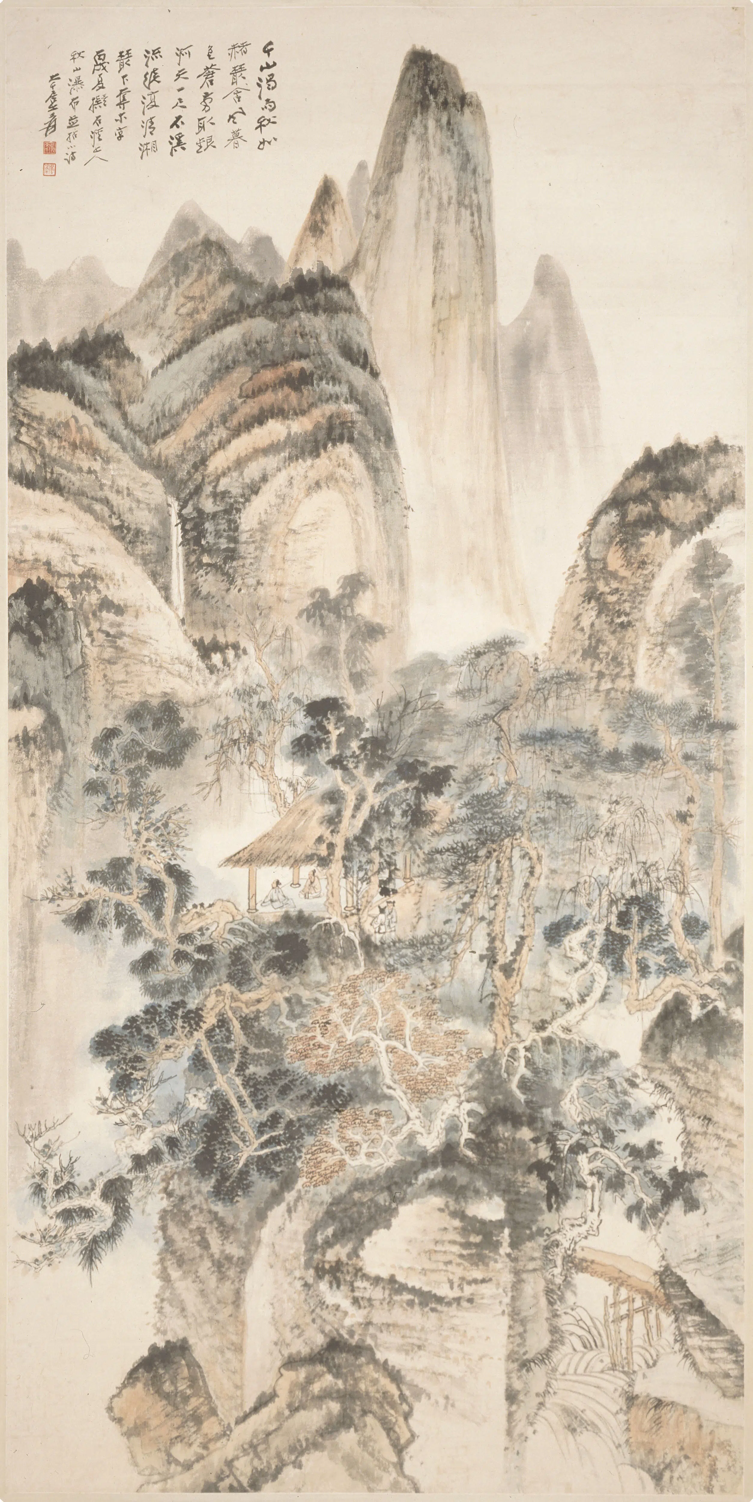 近现代【张大千】《拟石溪秋山瀑布图轴》