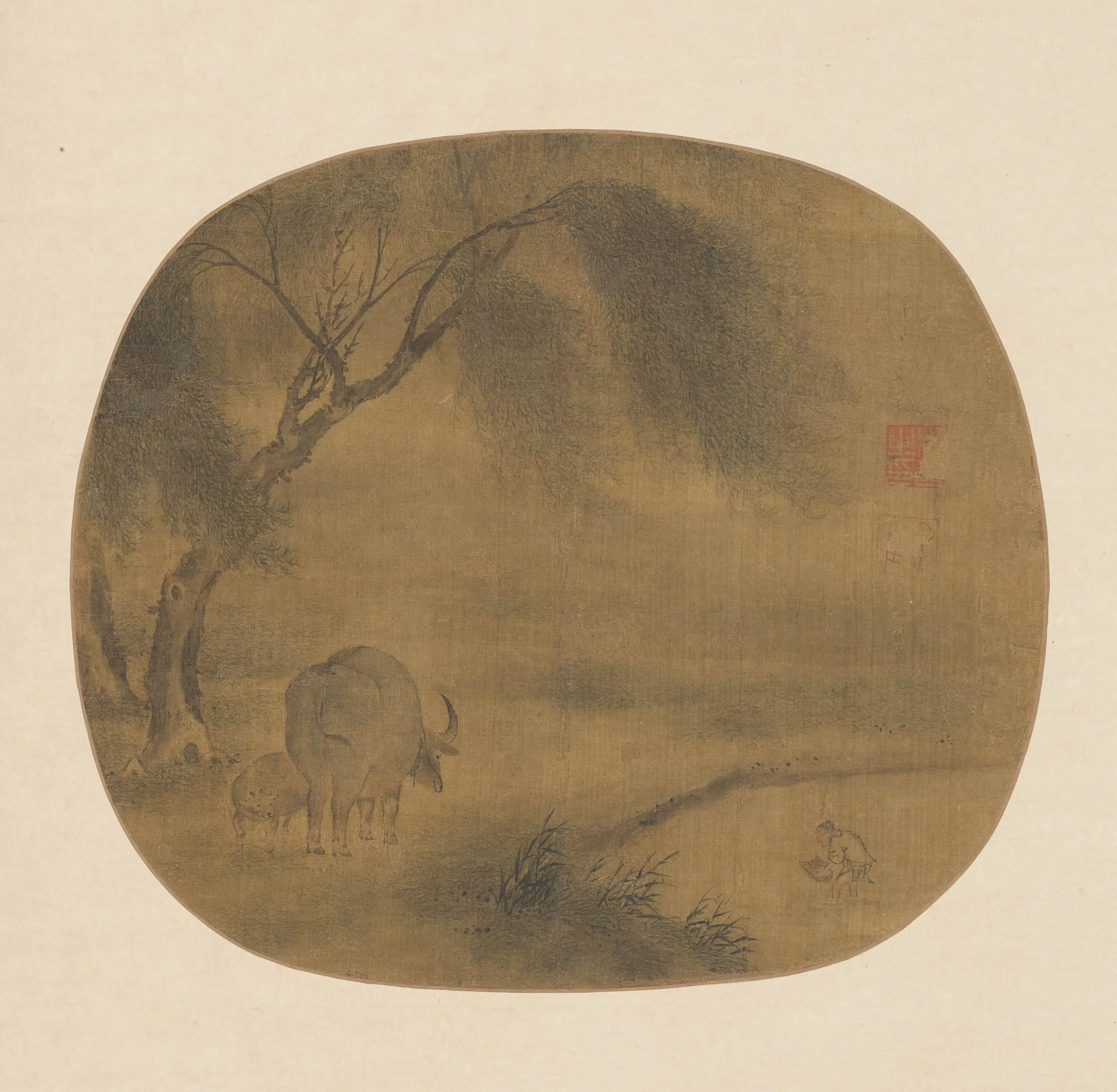 宋朝【宋人】《柳下双牛纨扇页》 第1张 宋朝【宋人】《柳下双牛纨扇页》 第1张