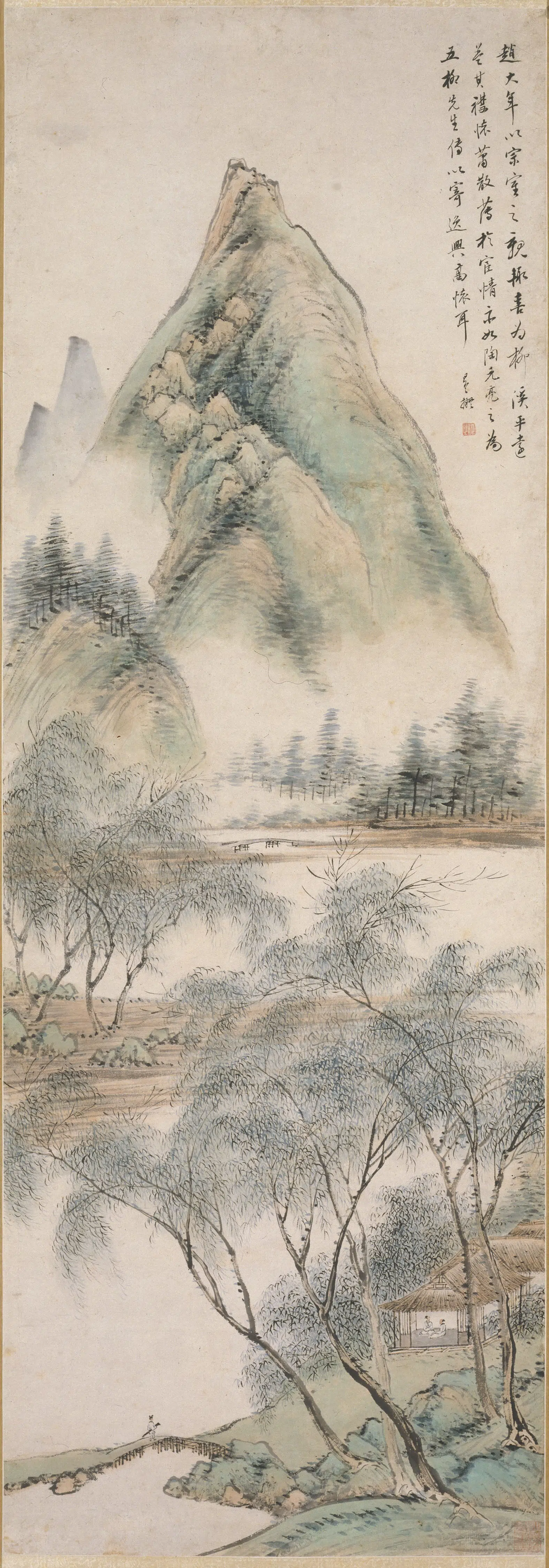 清代【朱昂之】《柳溪茅屋图轴》