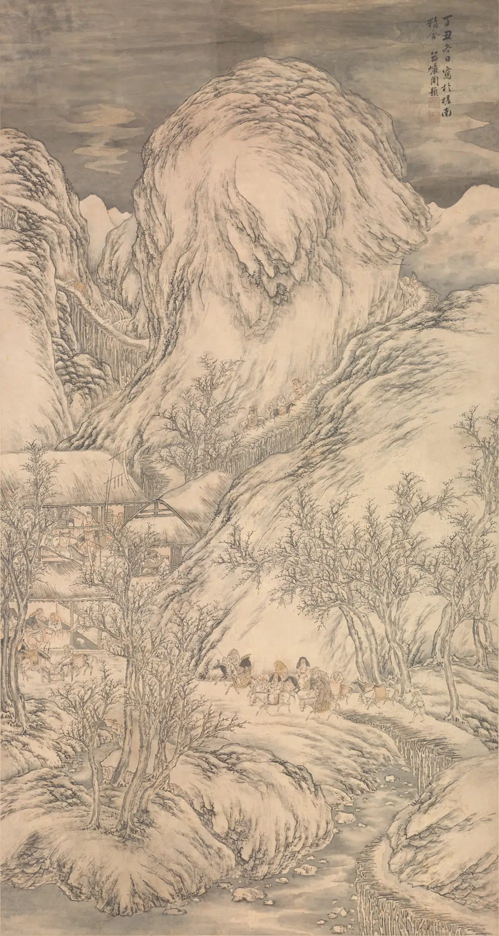清代【周颢】《雪山行旅图轴》