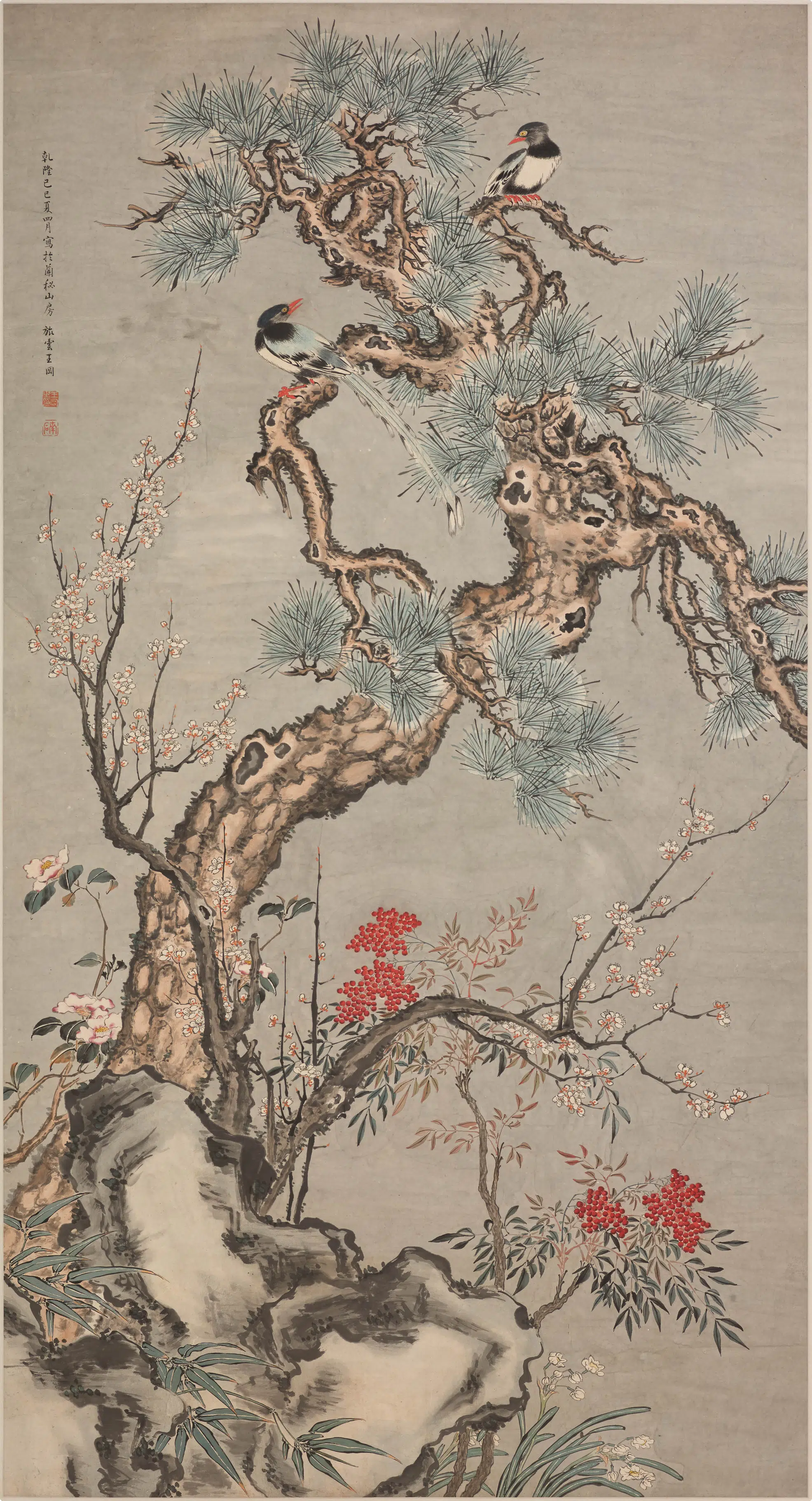 清代【王冈】《岁寒双寿图轴》
