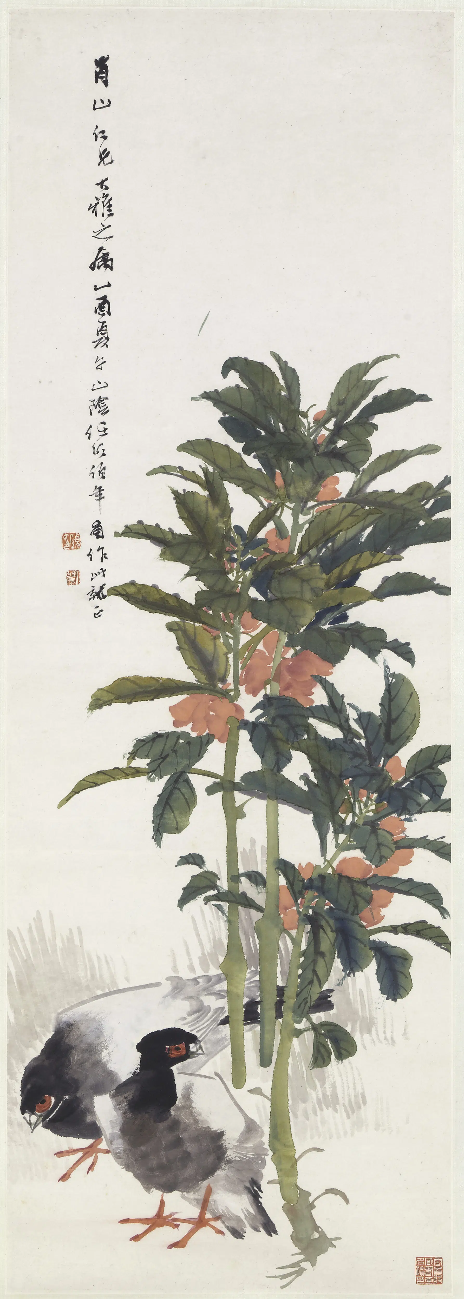 清代【任伯年（任颐）】《凤仙鸽子图轴》