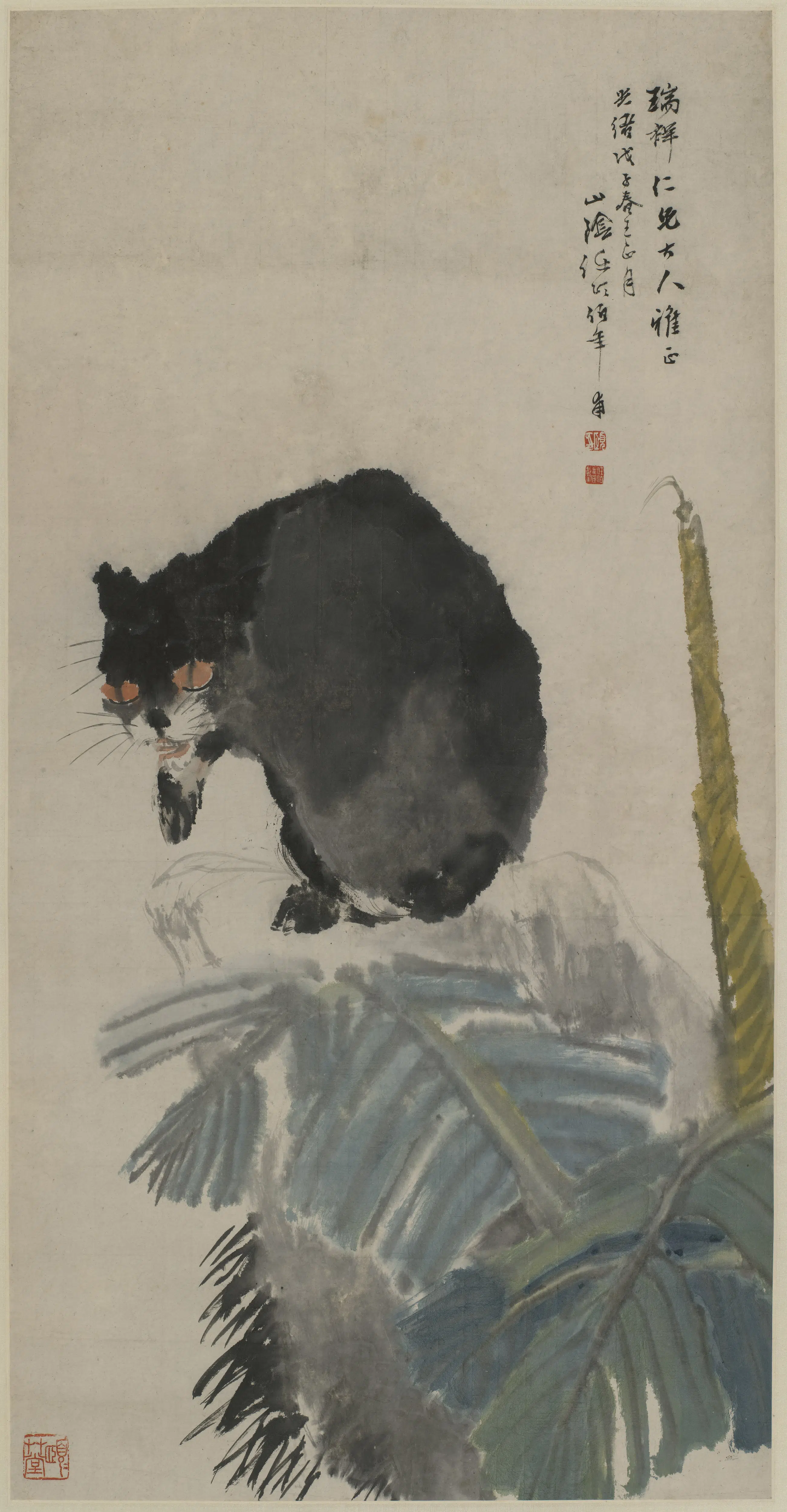 清代【任伯年（任颐）】《芭蕉墨猫图轴》
