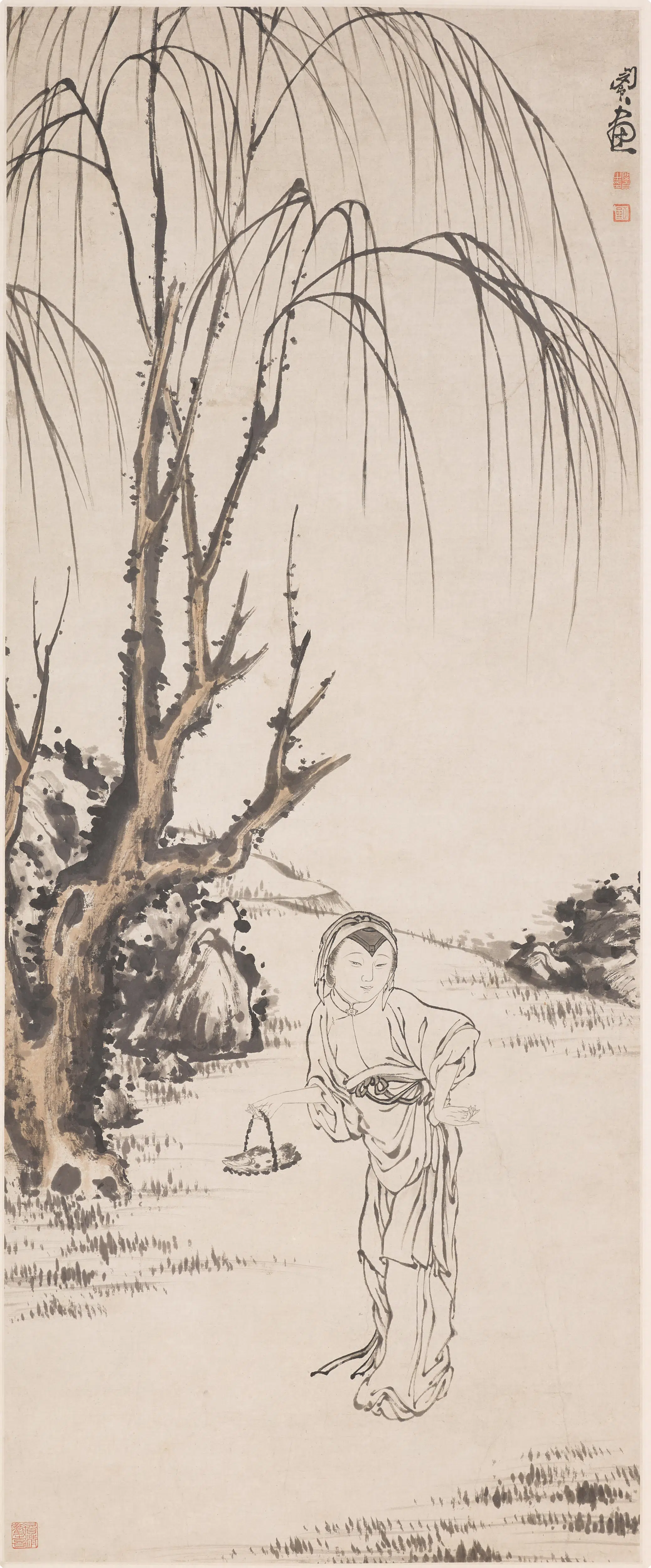 清代【闵贞】《提篮仕女图轴》