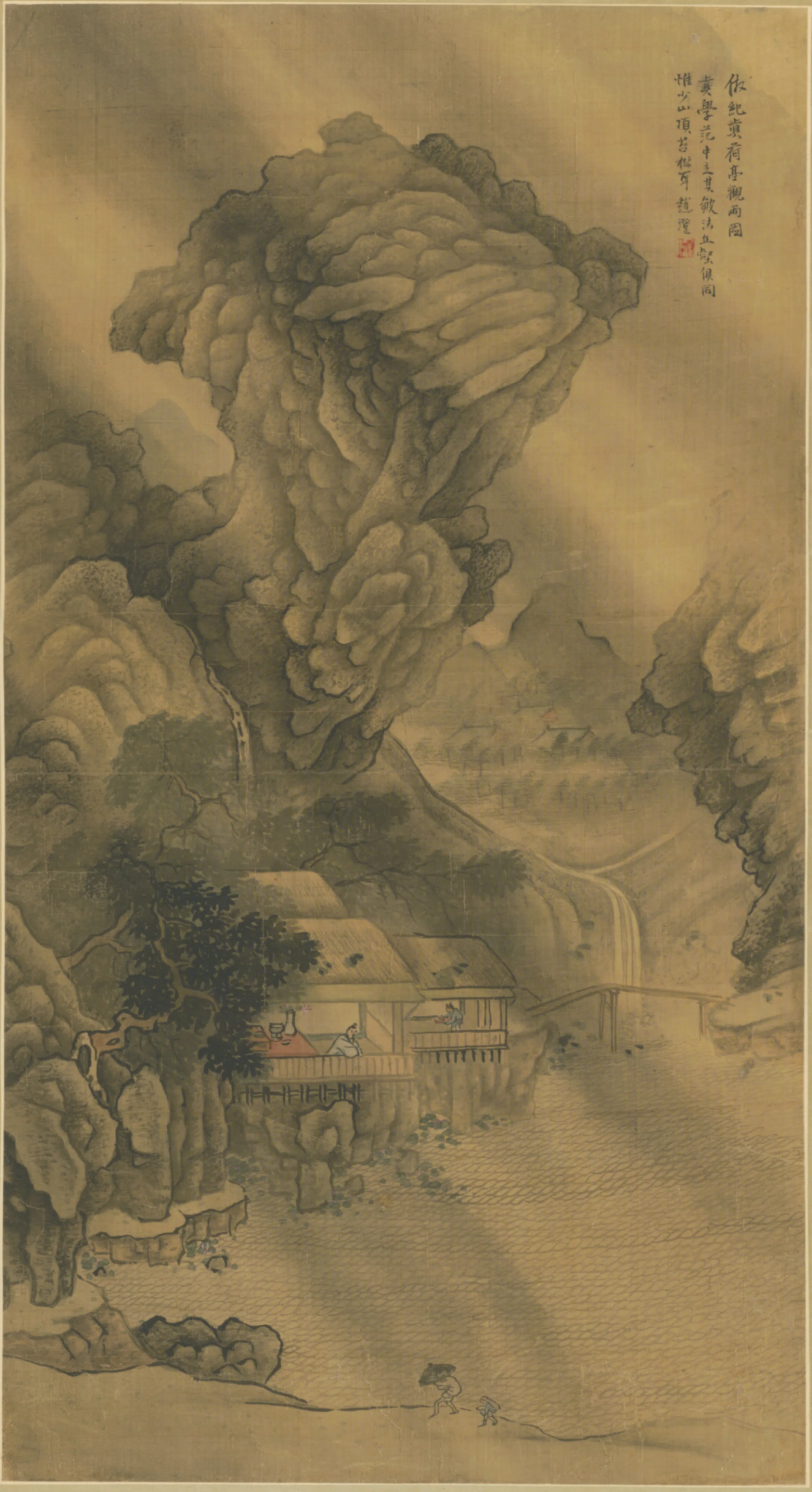 清代【赵澄】《花亭观雨图轴》