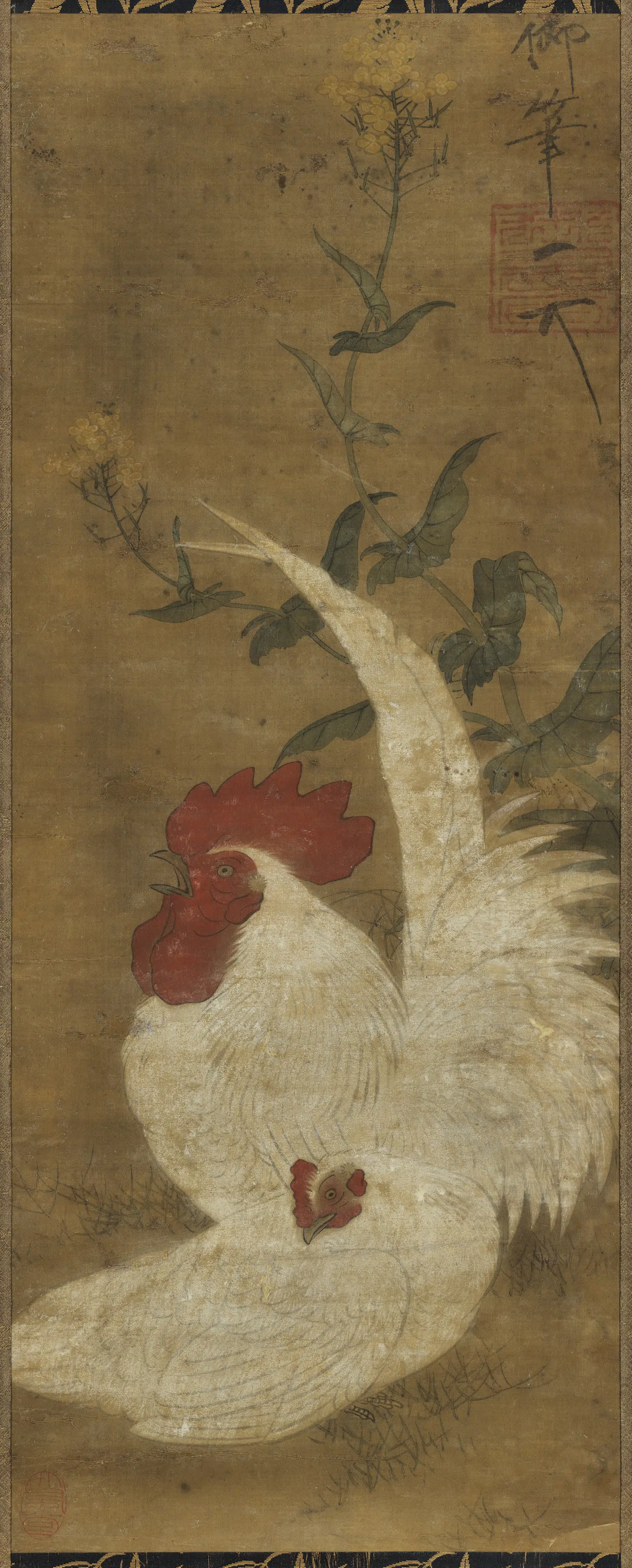 北宋【宋徽宗赵佶】《雌雄白鸡图轴》
