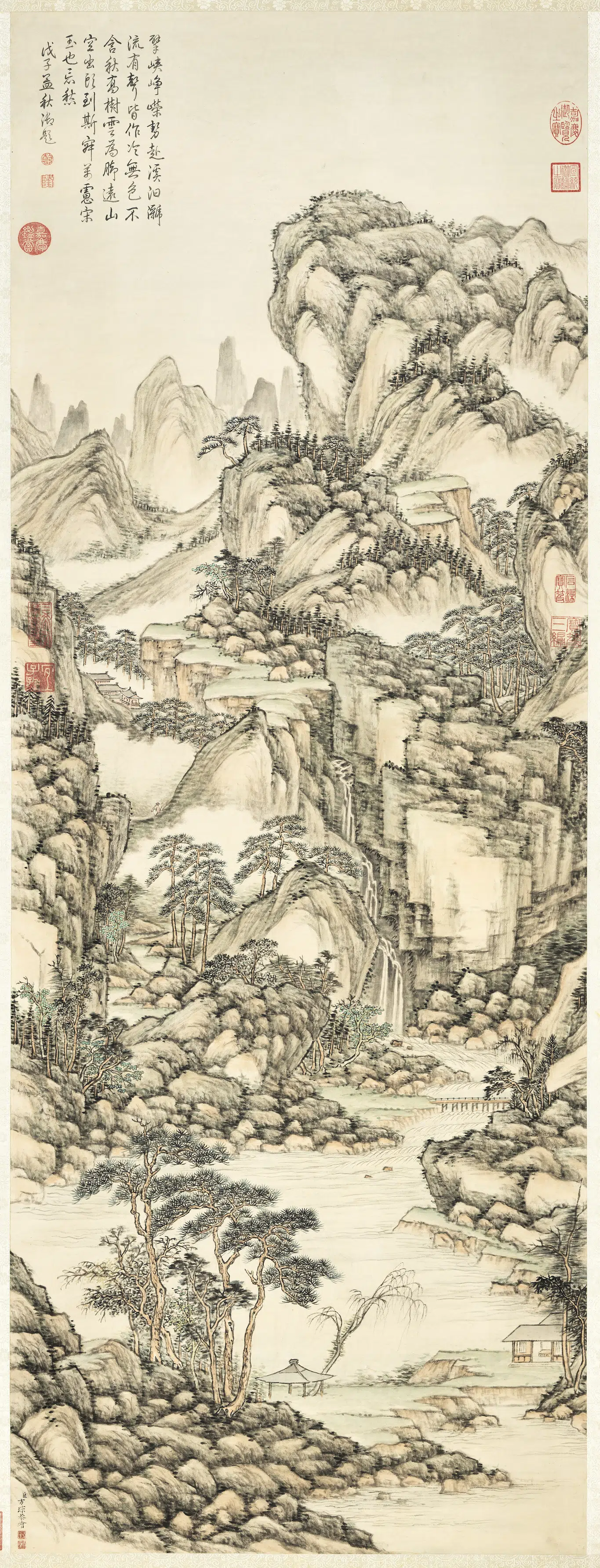 清代【方琮】《松岩飞瀑图》