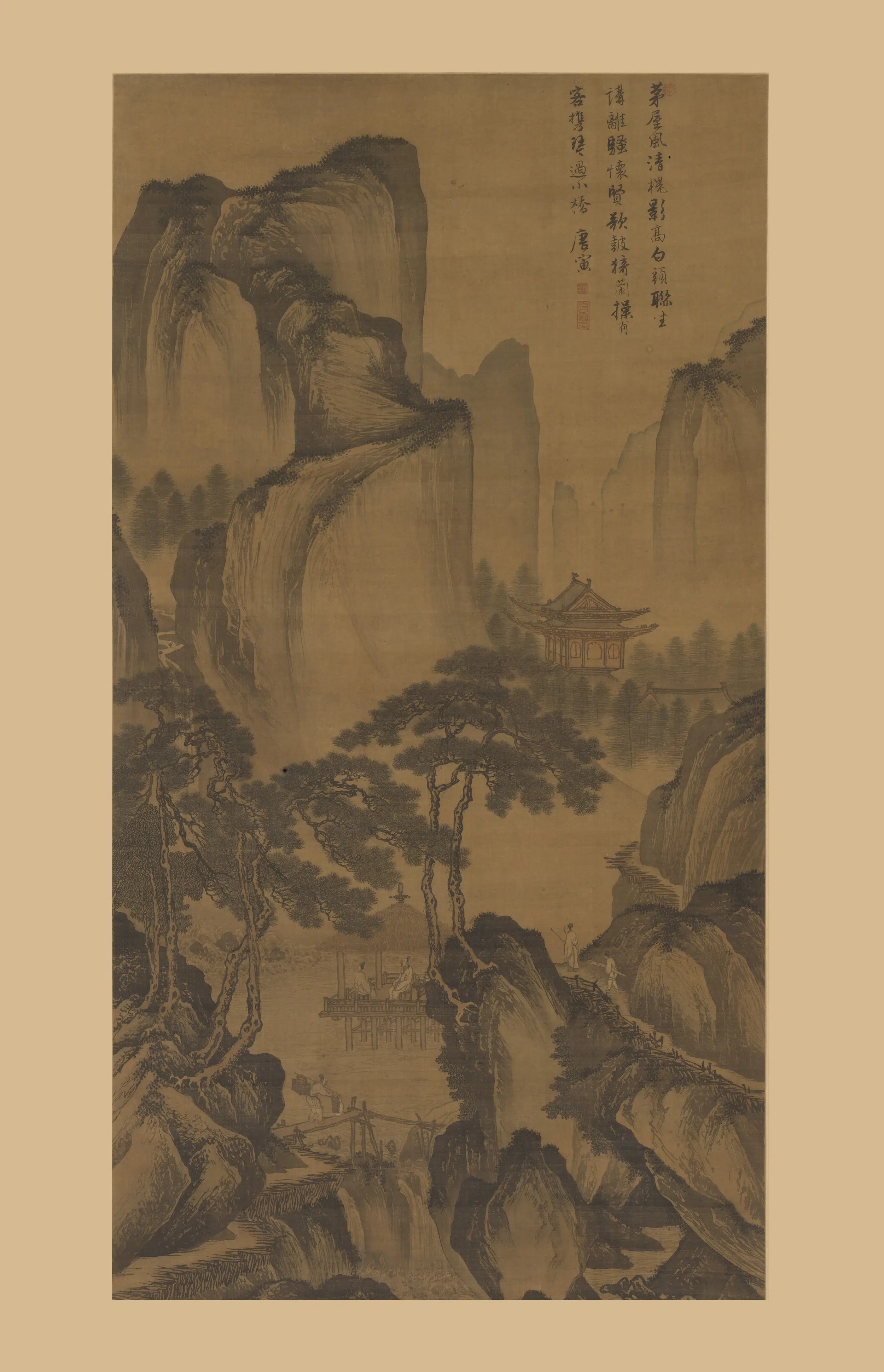 明朝【唐寅-伯虎】《茅屋风清图轴》