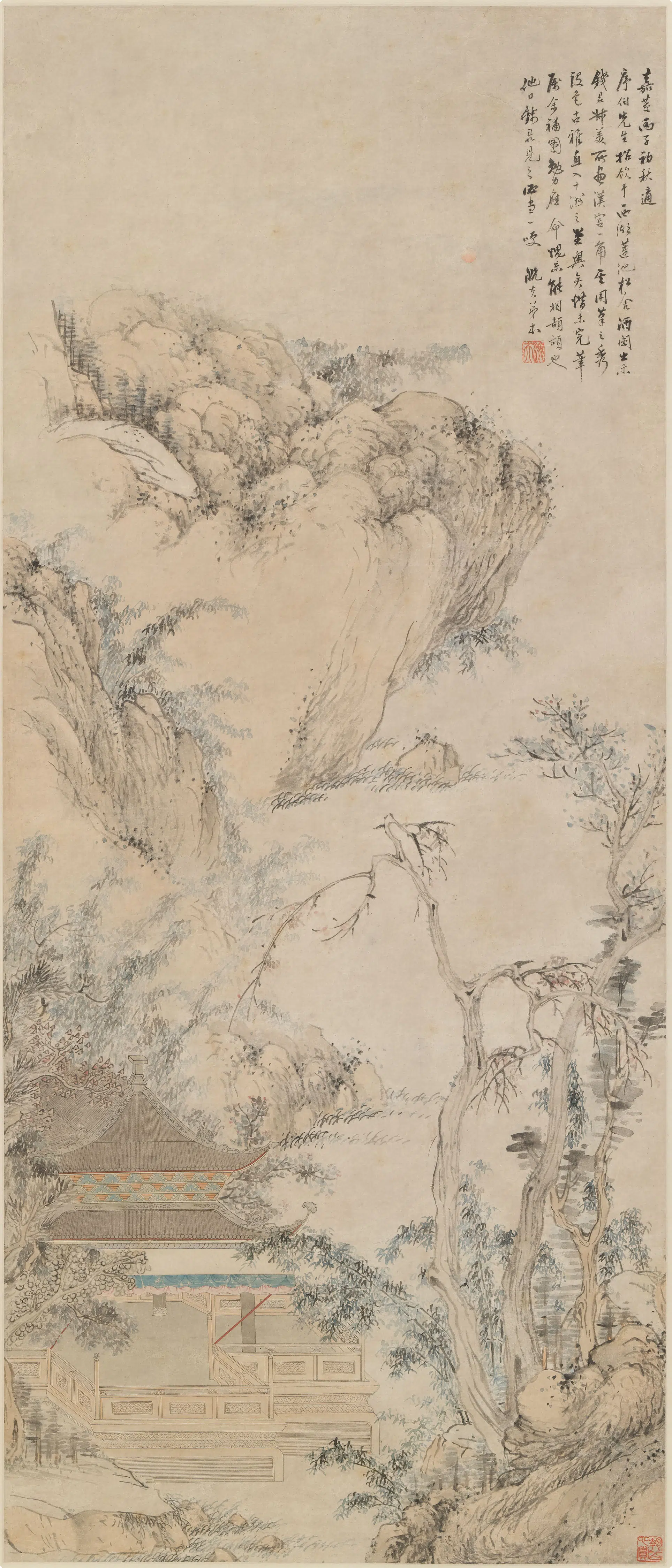 清代【钱杜】《朱本汉宫一角图轴》