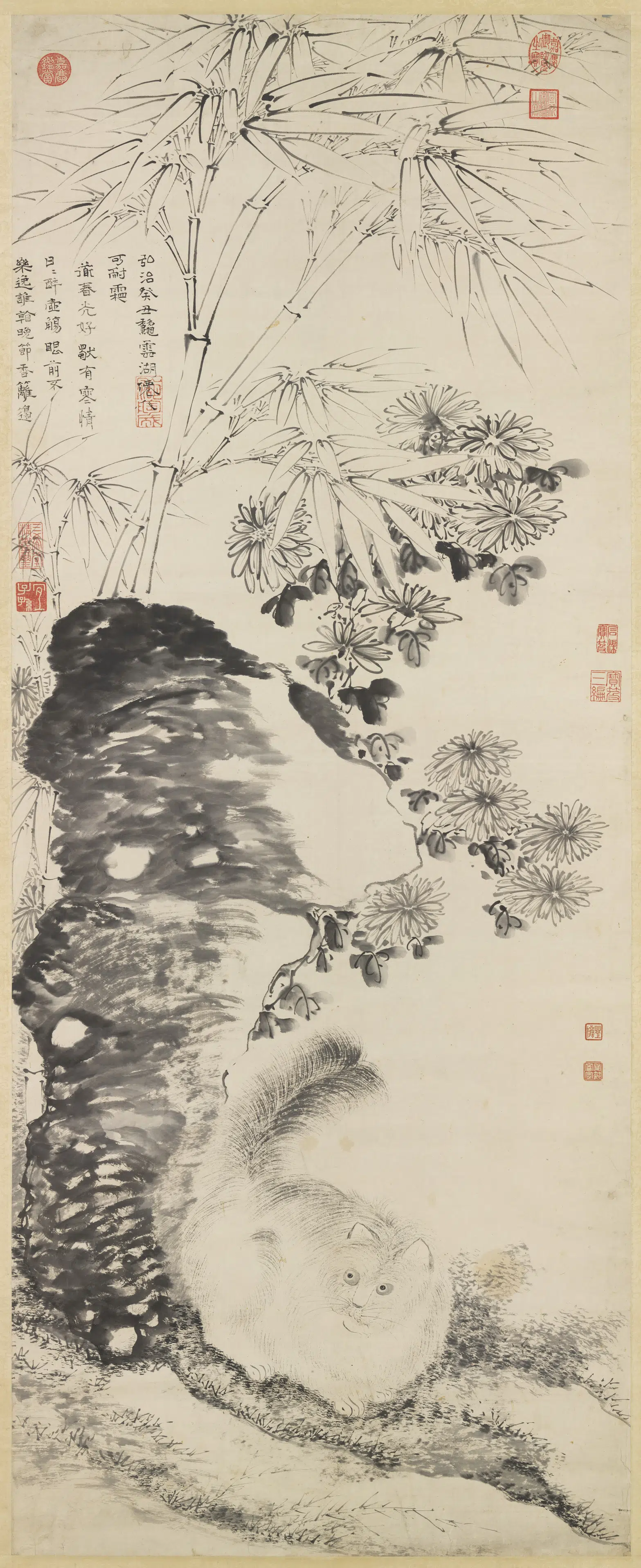 明朝【陶成】《菊石戏猫图轴》