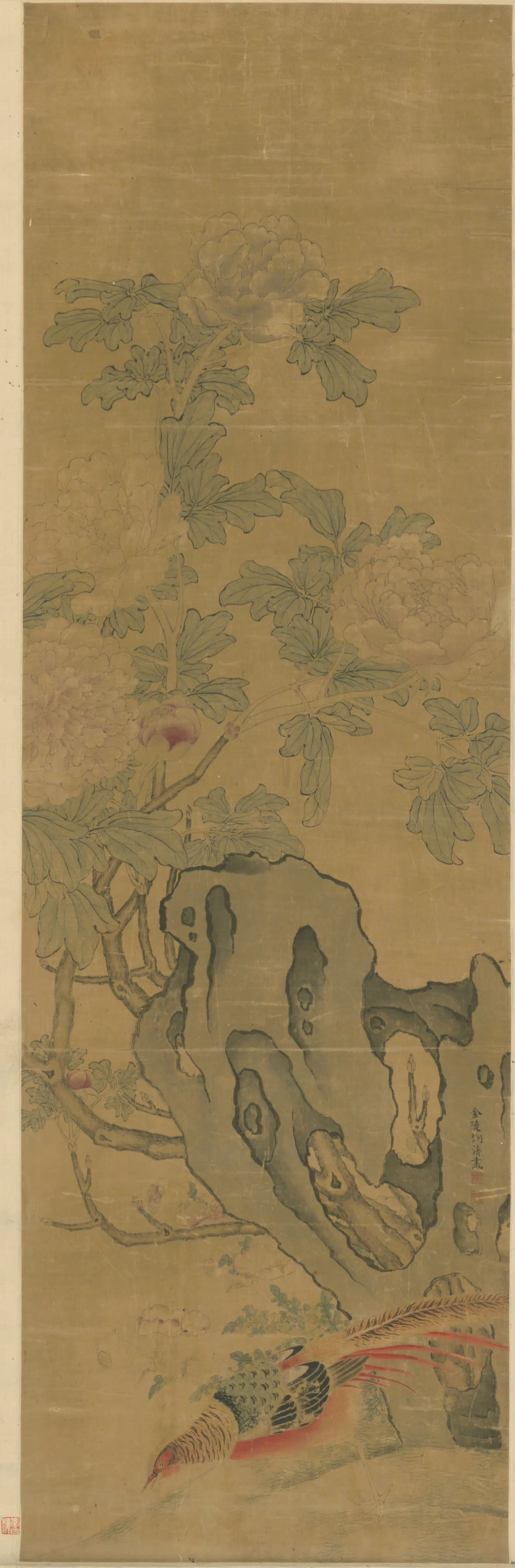 清代【胡清】《牡丹锦鸡图轴》