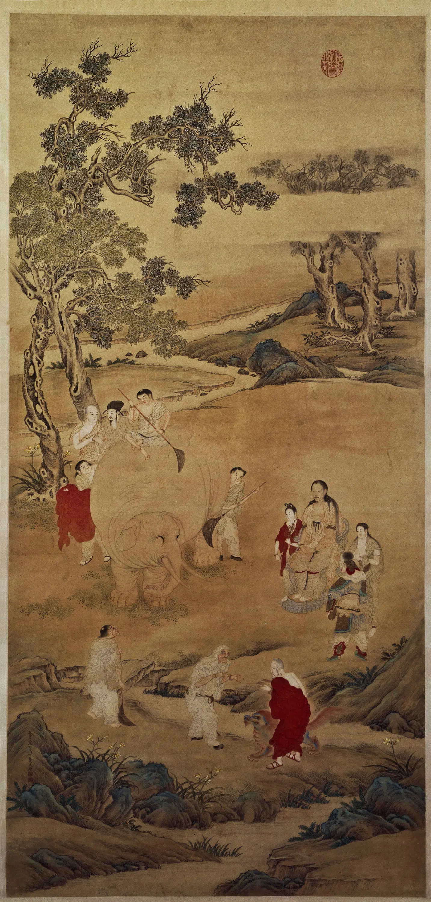清代【丁观鹏】《乾隆皇帝洗象图轴》