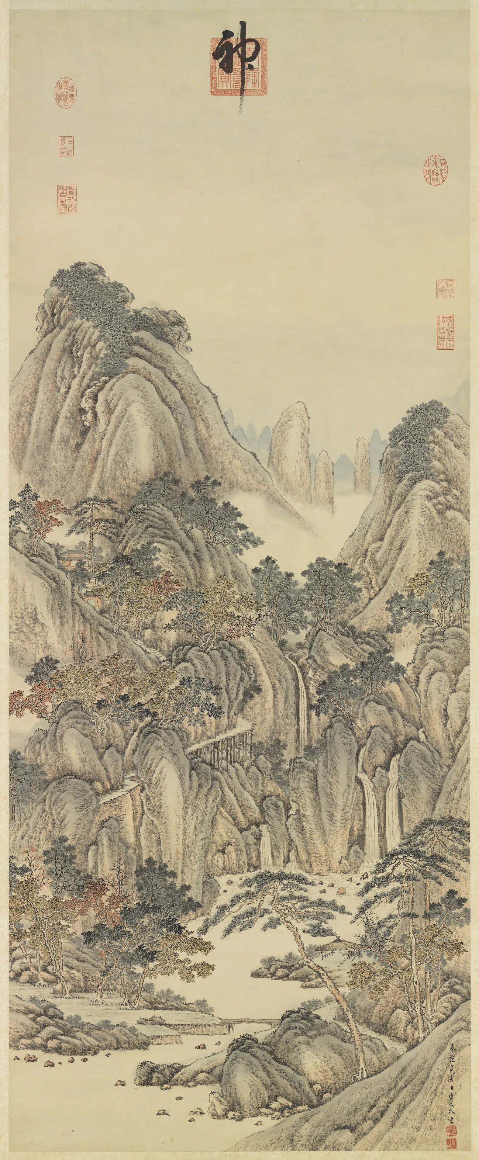 清代【唐岱】《仿范宽秋山瀑布图轴》