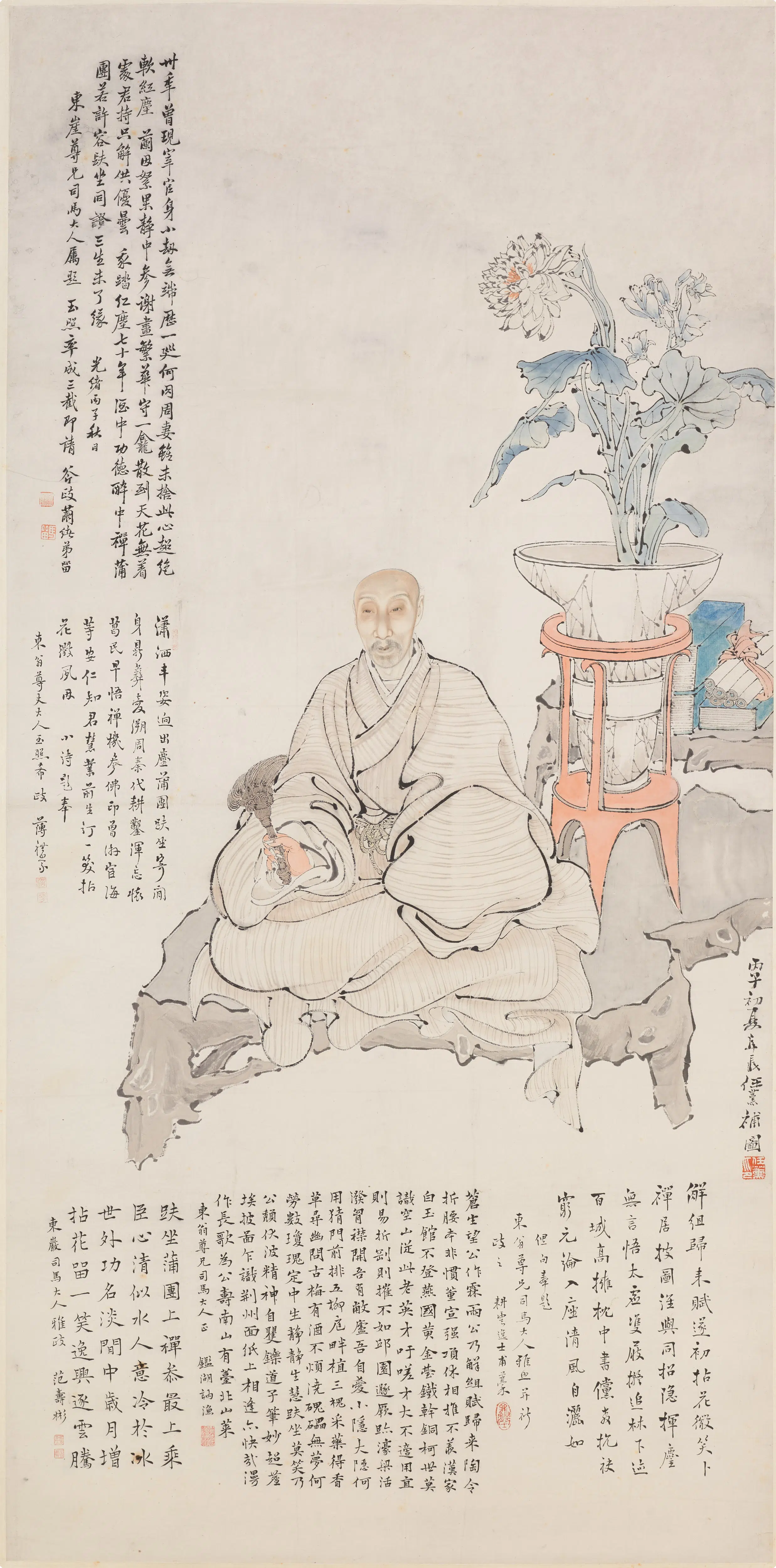 清代【任薰】《东崖蒲团静坐图轴》