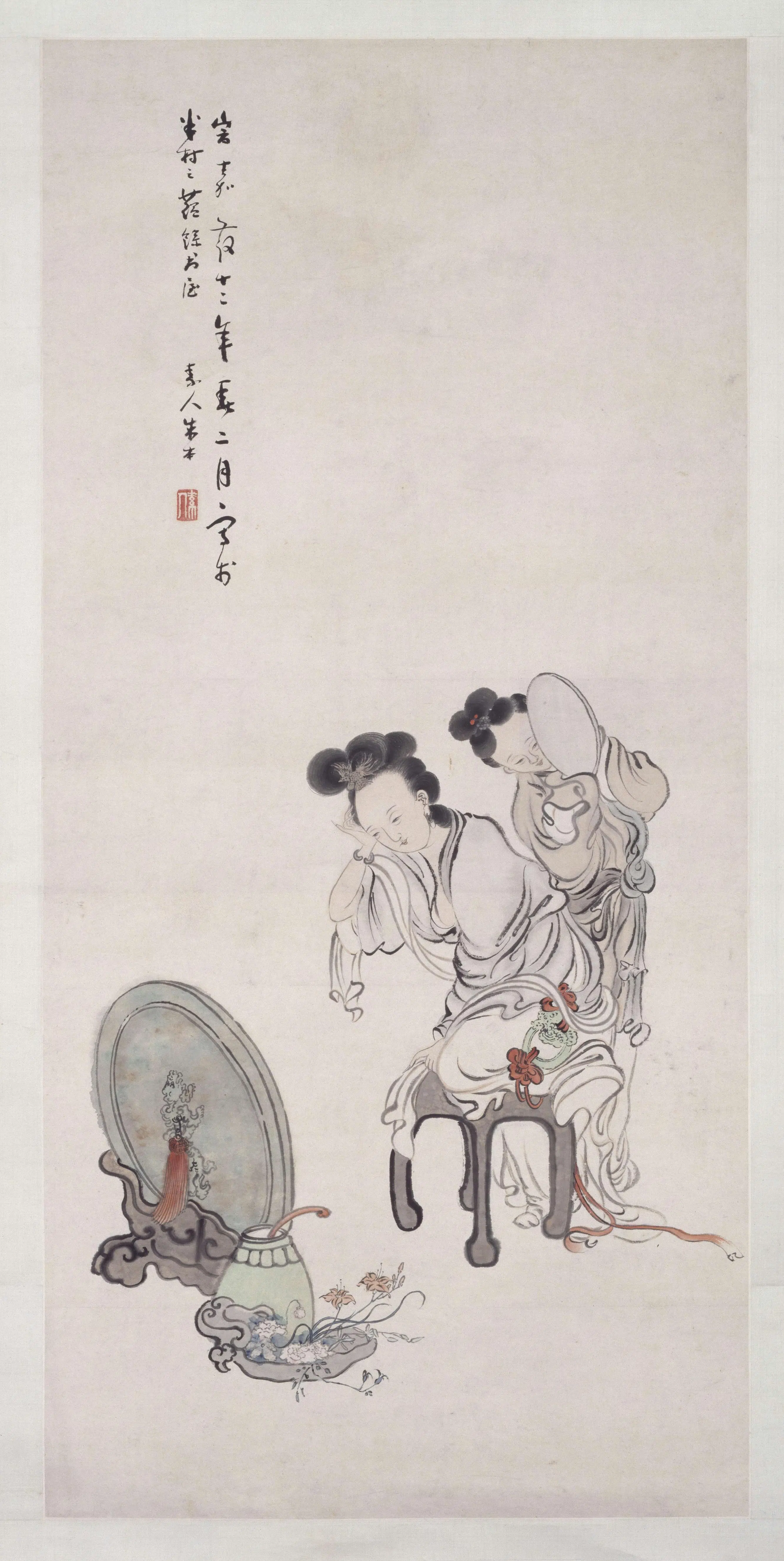 清代【朱本】《对镜仕女图轴》