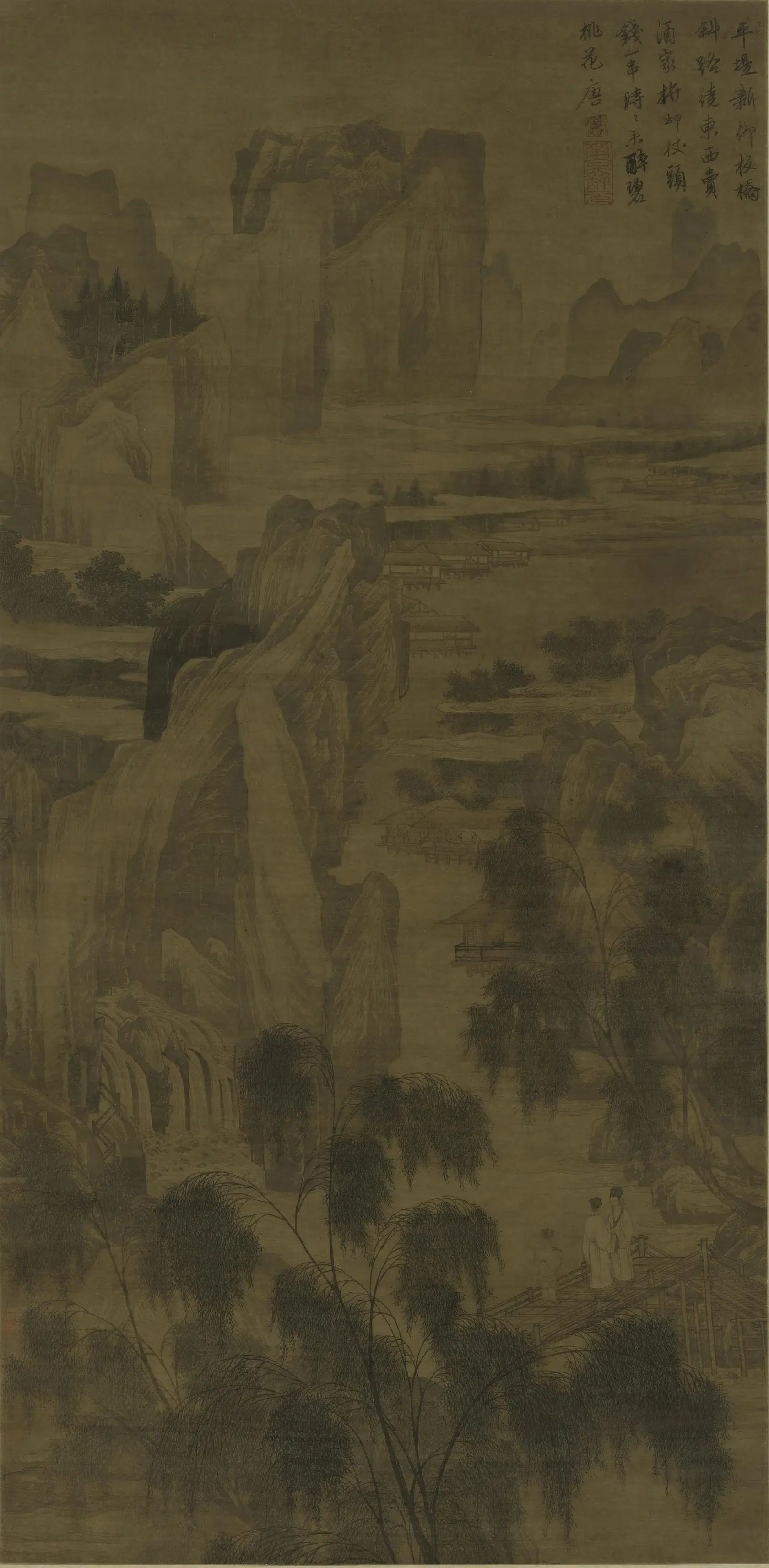 明朝【唐寅-伯虎】《柳桥赏春图轴》