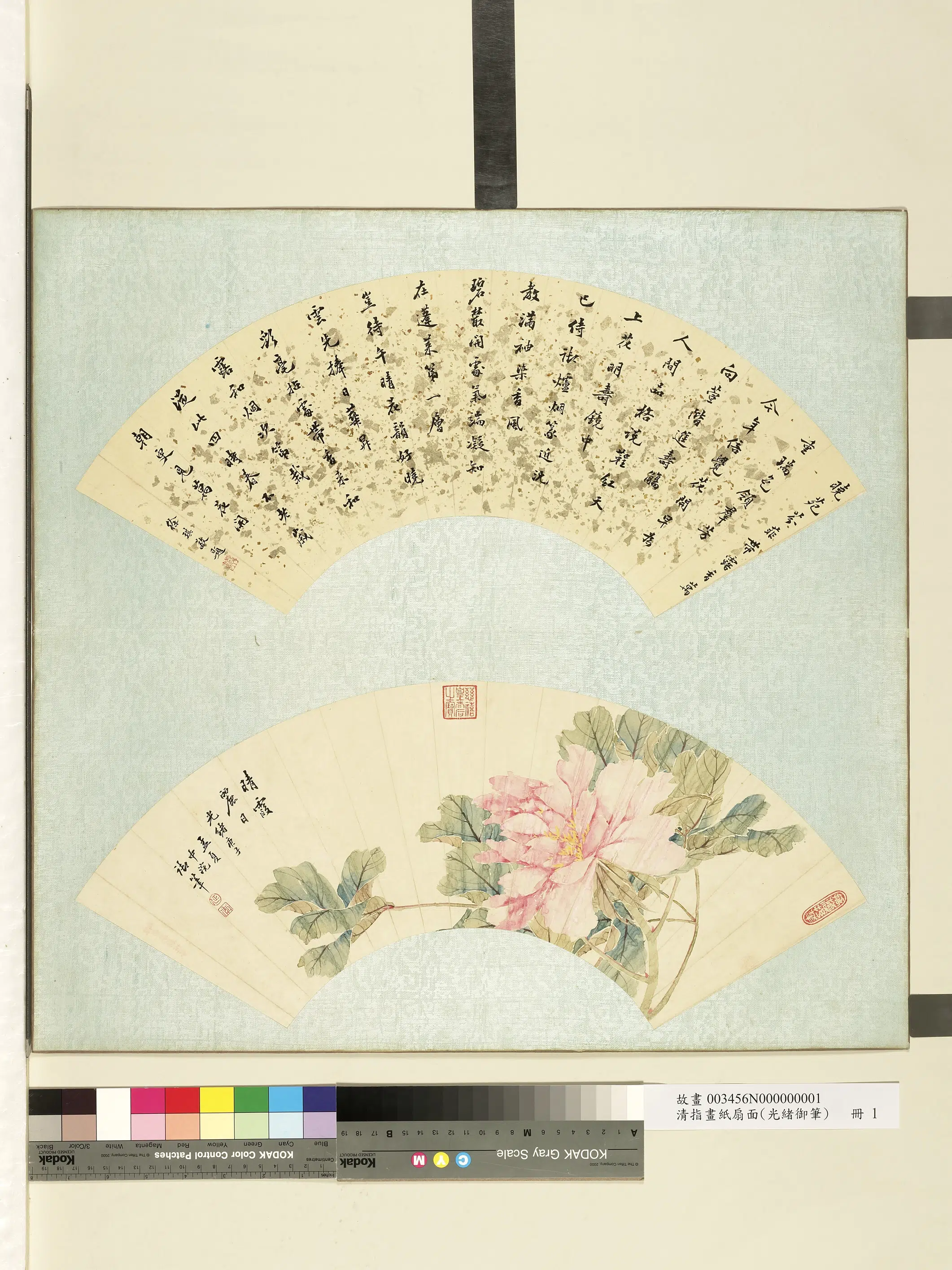 清代【爱新觉罗·载湉-清德宗光绪皇帝】《光绪御笔指画纸扇面册-牡丹富贵》