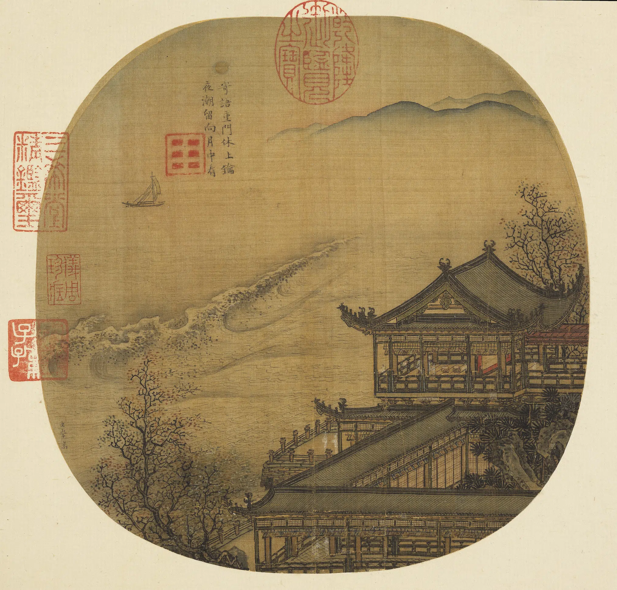 南宋【李嵩】《月夜看潮图-纨扇画册》