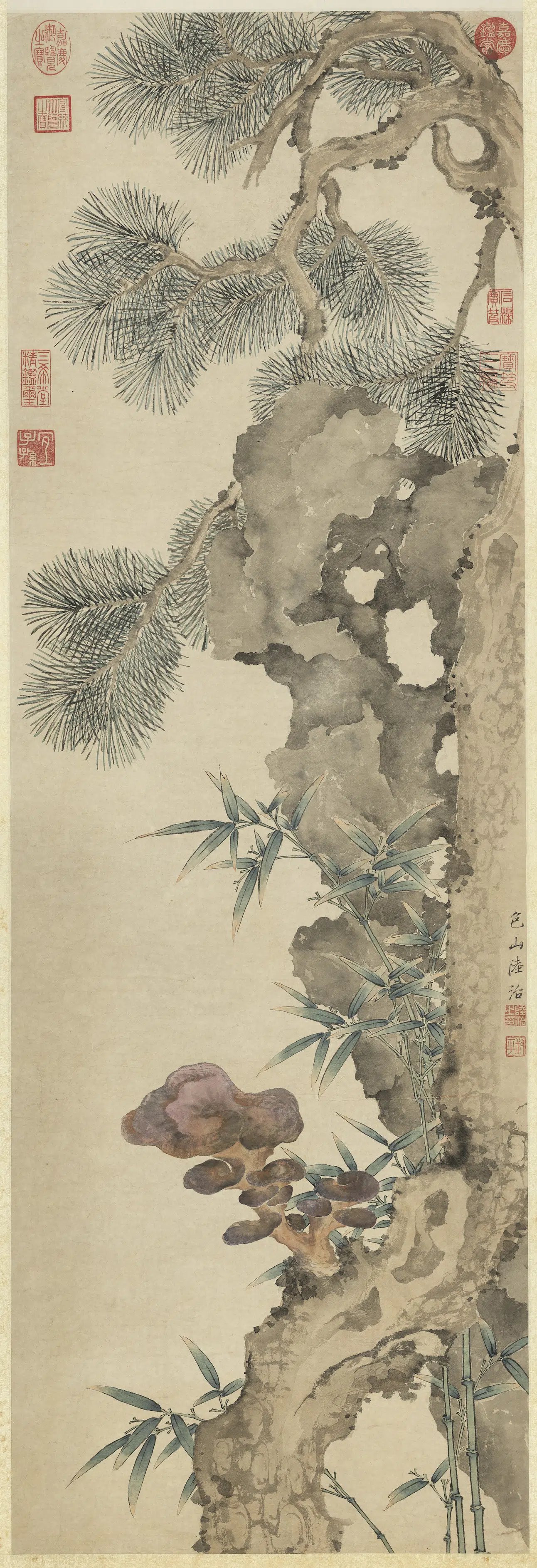明代【陆治】《松芝图轴》