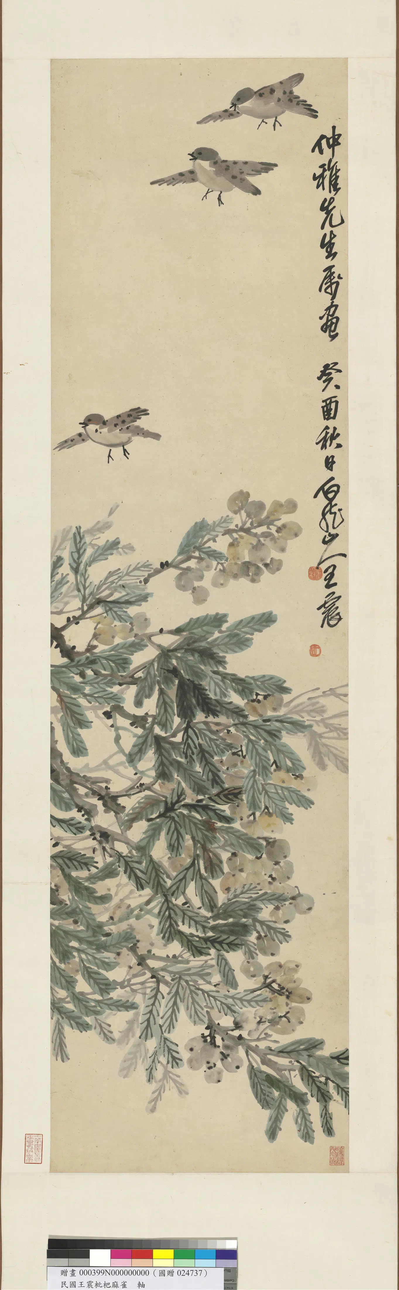 清代【王震】《枇杷麻雀图轴》