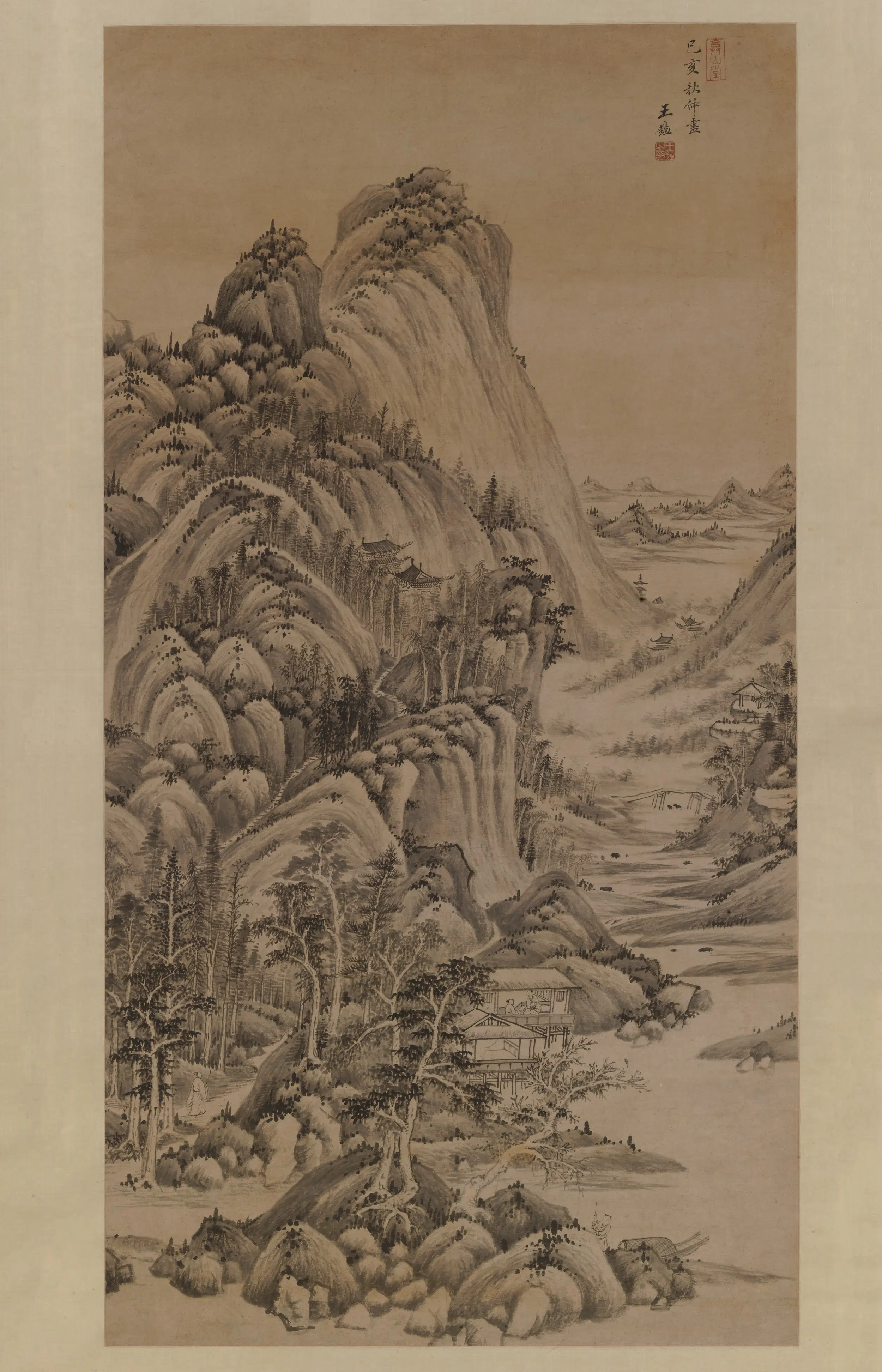 清代【王鉴】《水阁对话图轴》