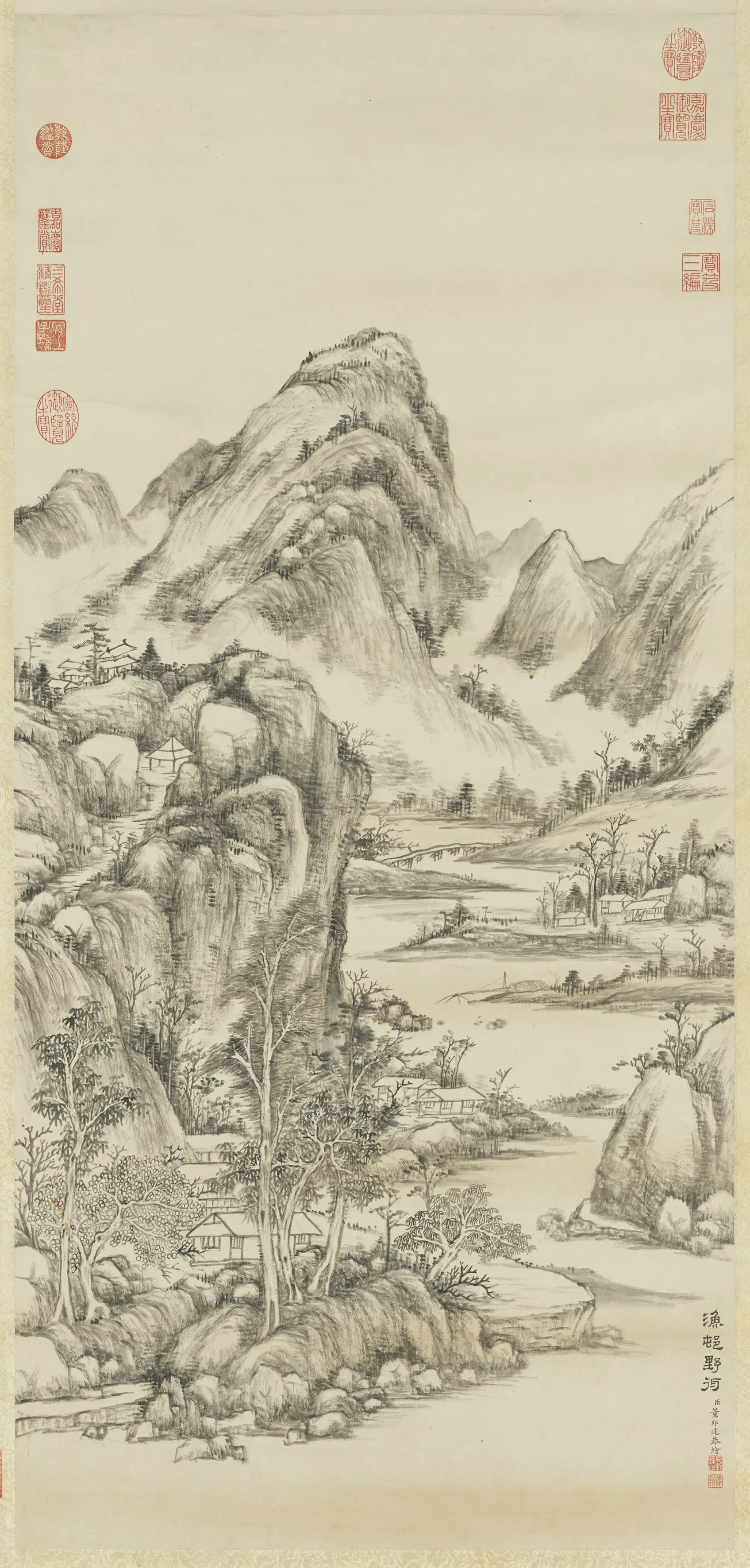 清代【董邦达】《渔村野彴图轴》