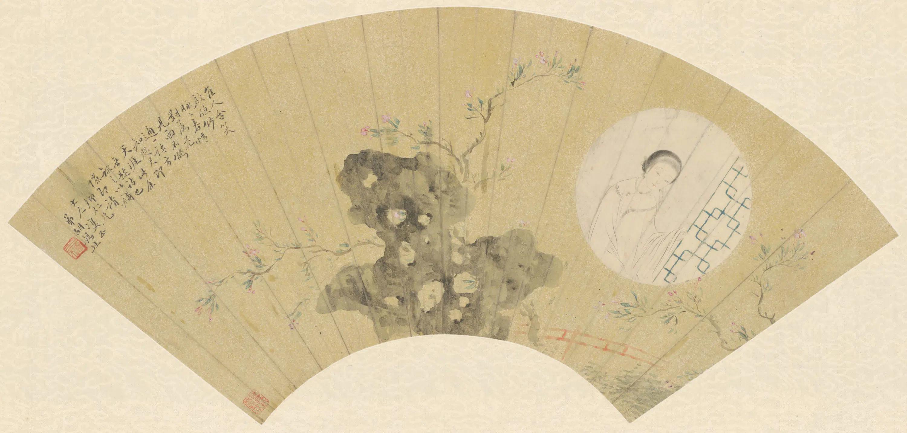 清代【胡锡珪】《惜花幽思图扇面》