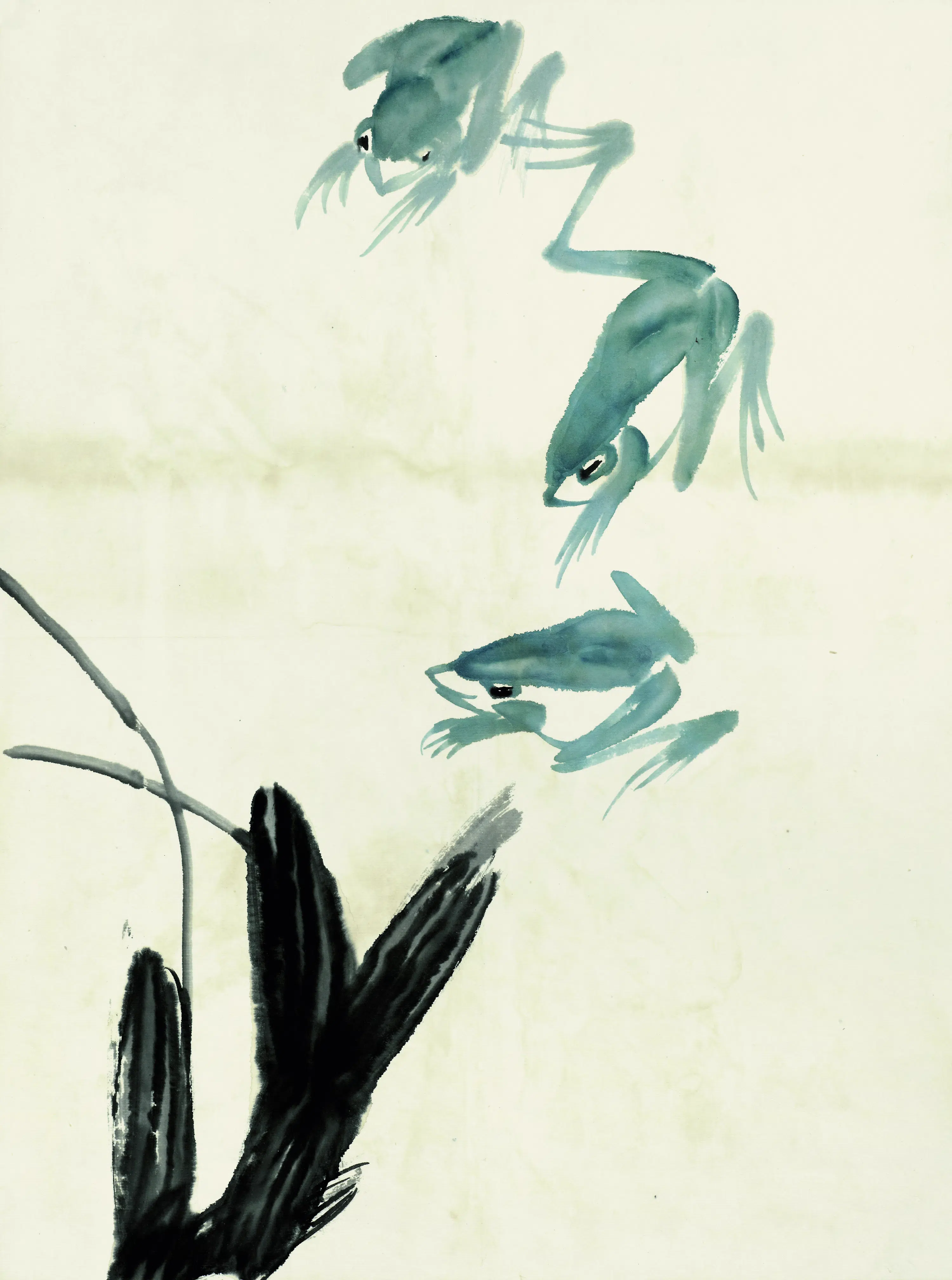 近现代【齐白石】《鱼虾册页三蛙菖蒲》