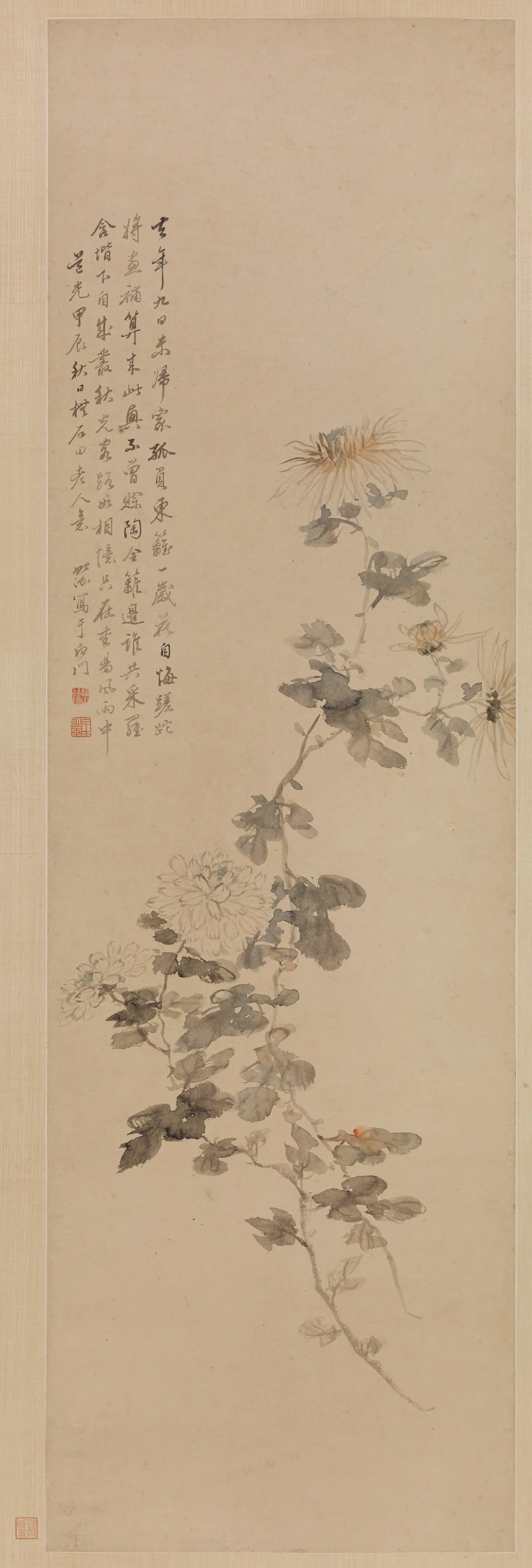 清代【汤贻汾】《摹沈周菊花图轴》