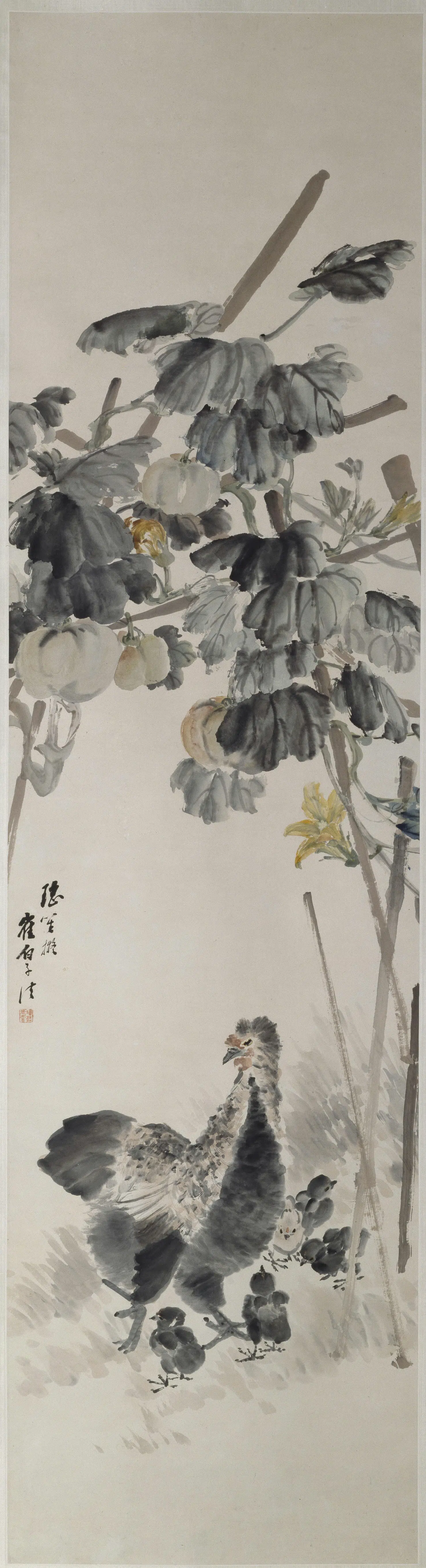 近现代【程璋】《瓜架鸡雏图轴》 第1张