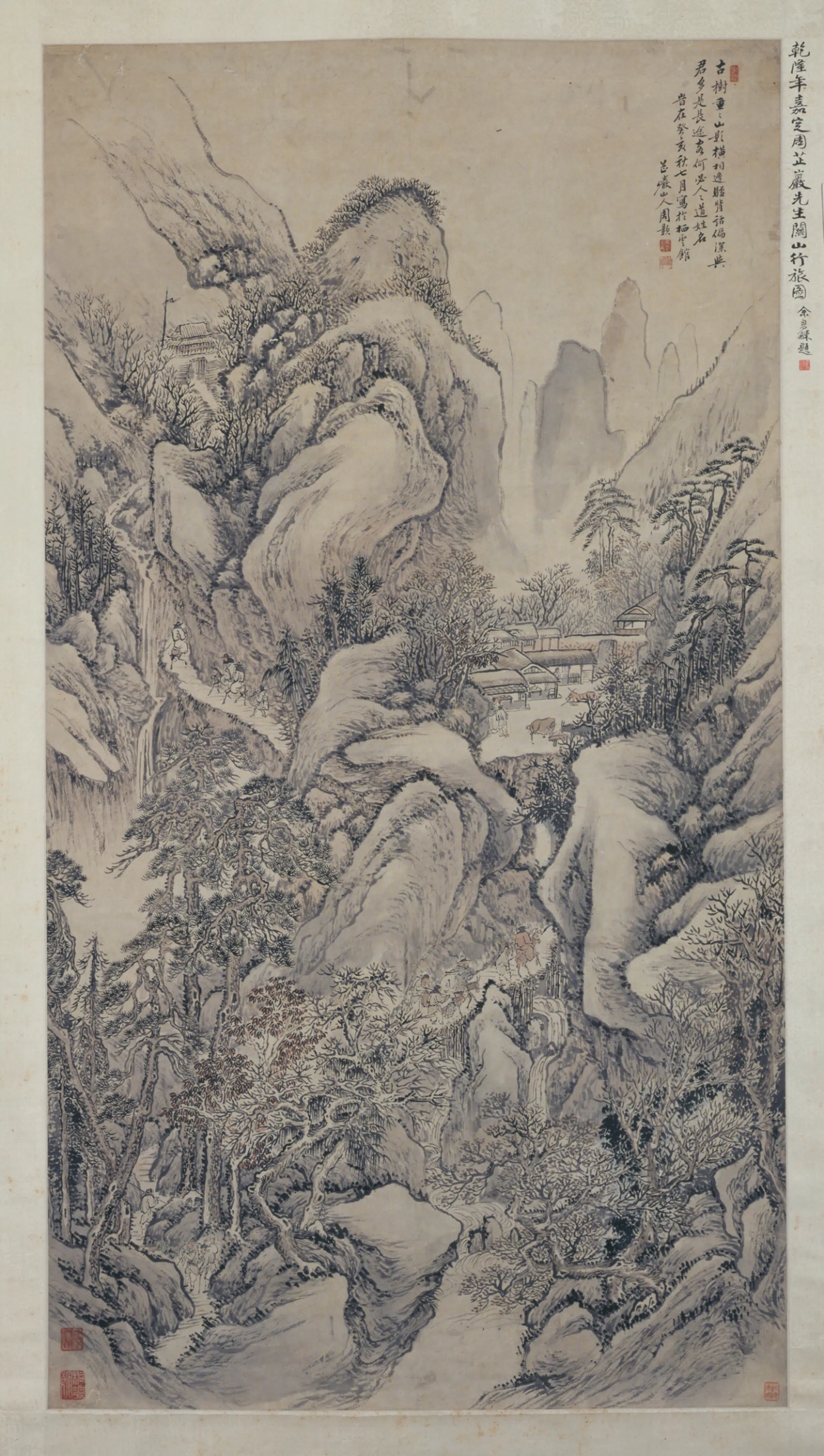 清代【周颢】《关山行旅图轴》