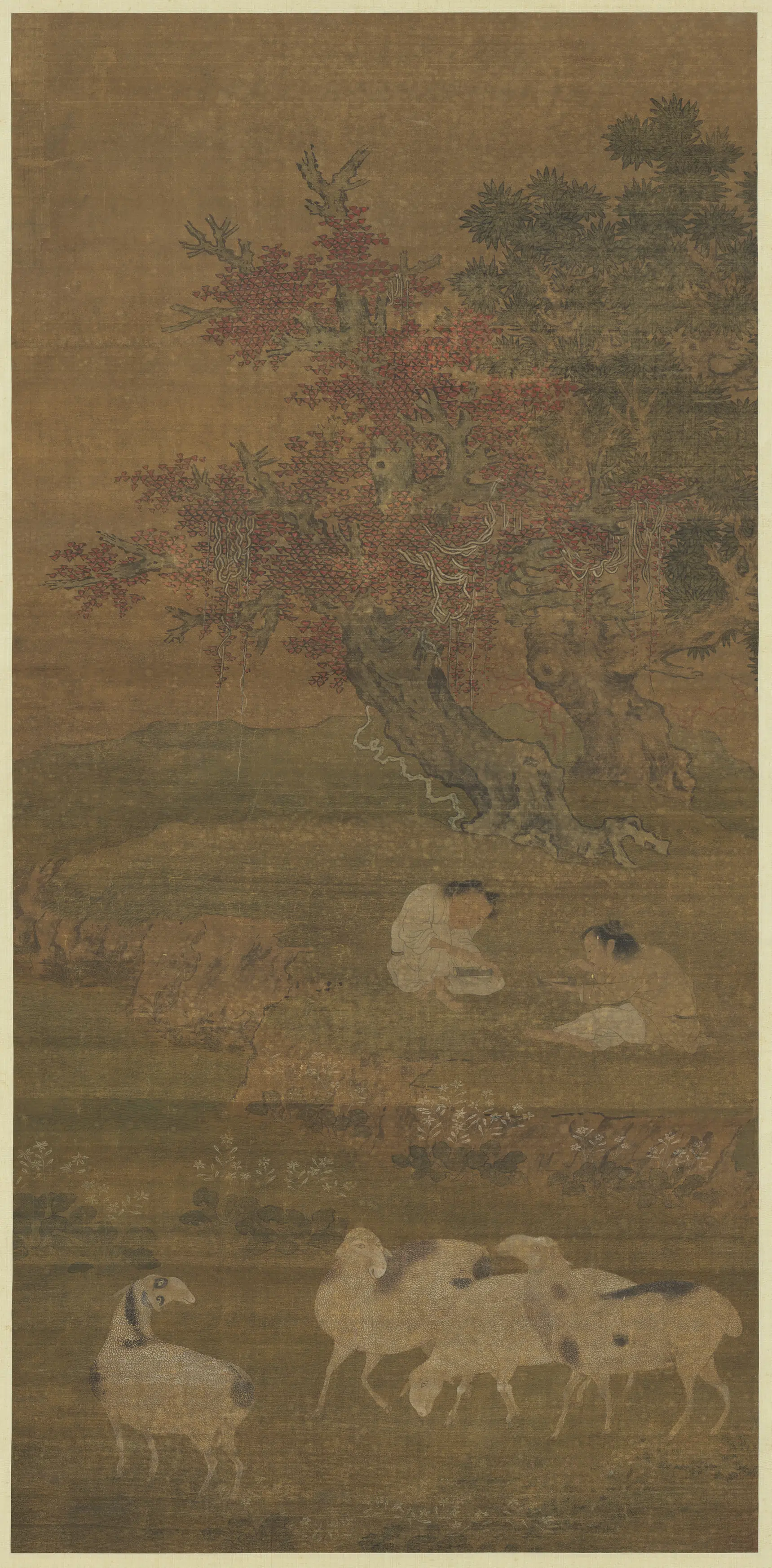 南宋【刘松年】《秋林纵牧图轴》