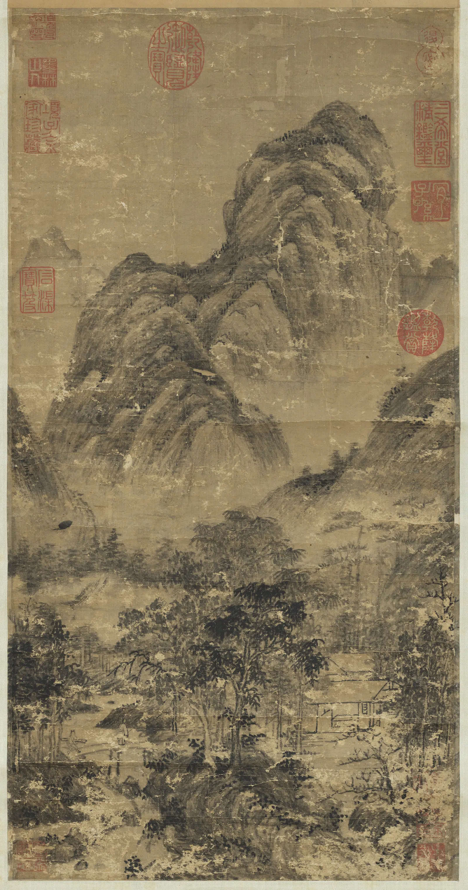 宋代《宋人溪桥林屋图轴》