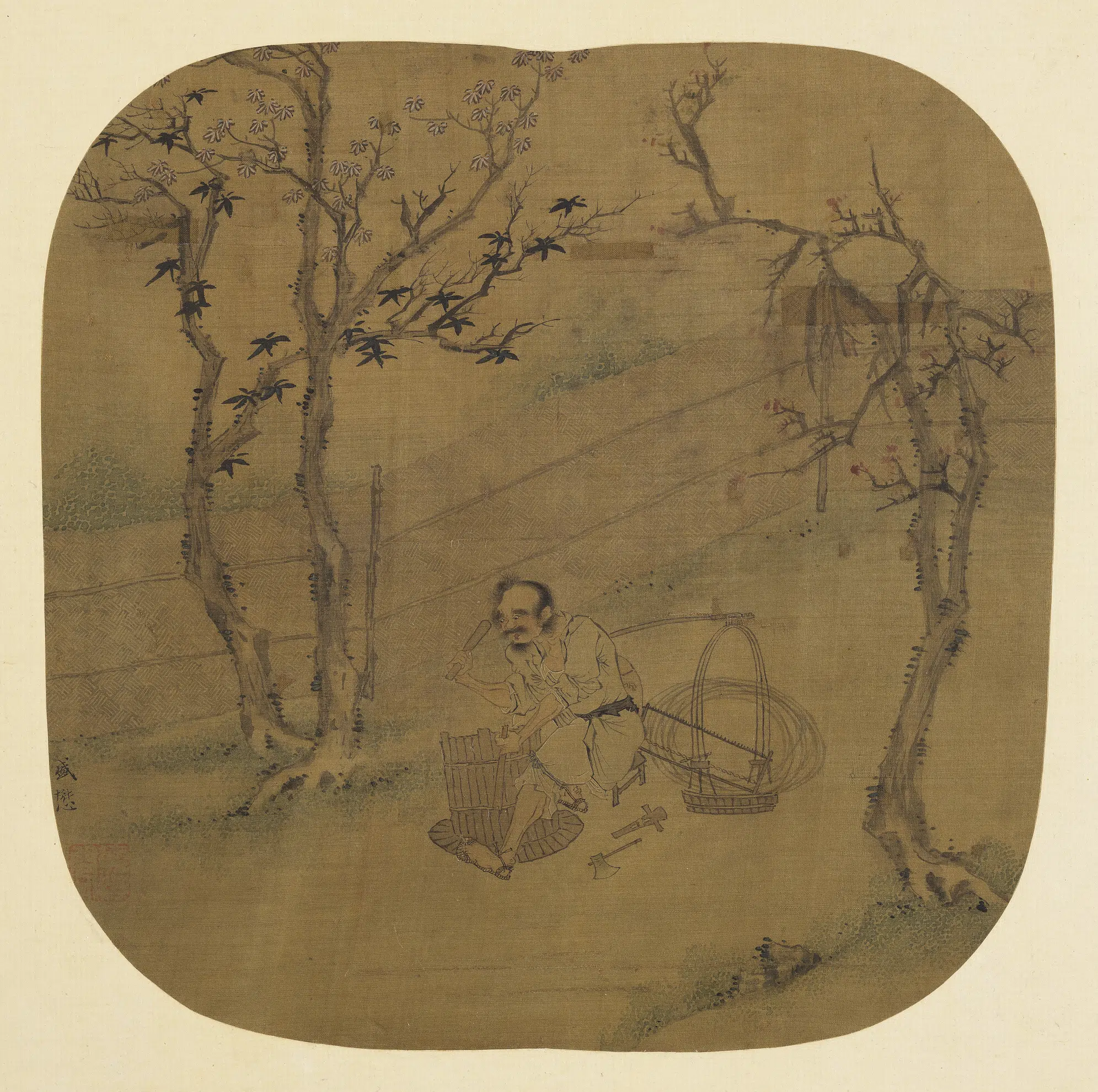 元朝【盛懋】《村家艺事图_纨扇画册》