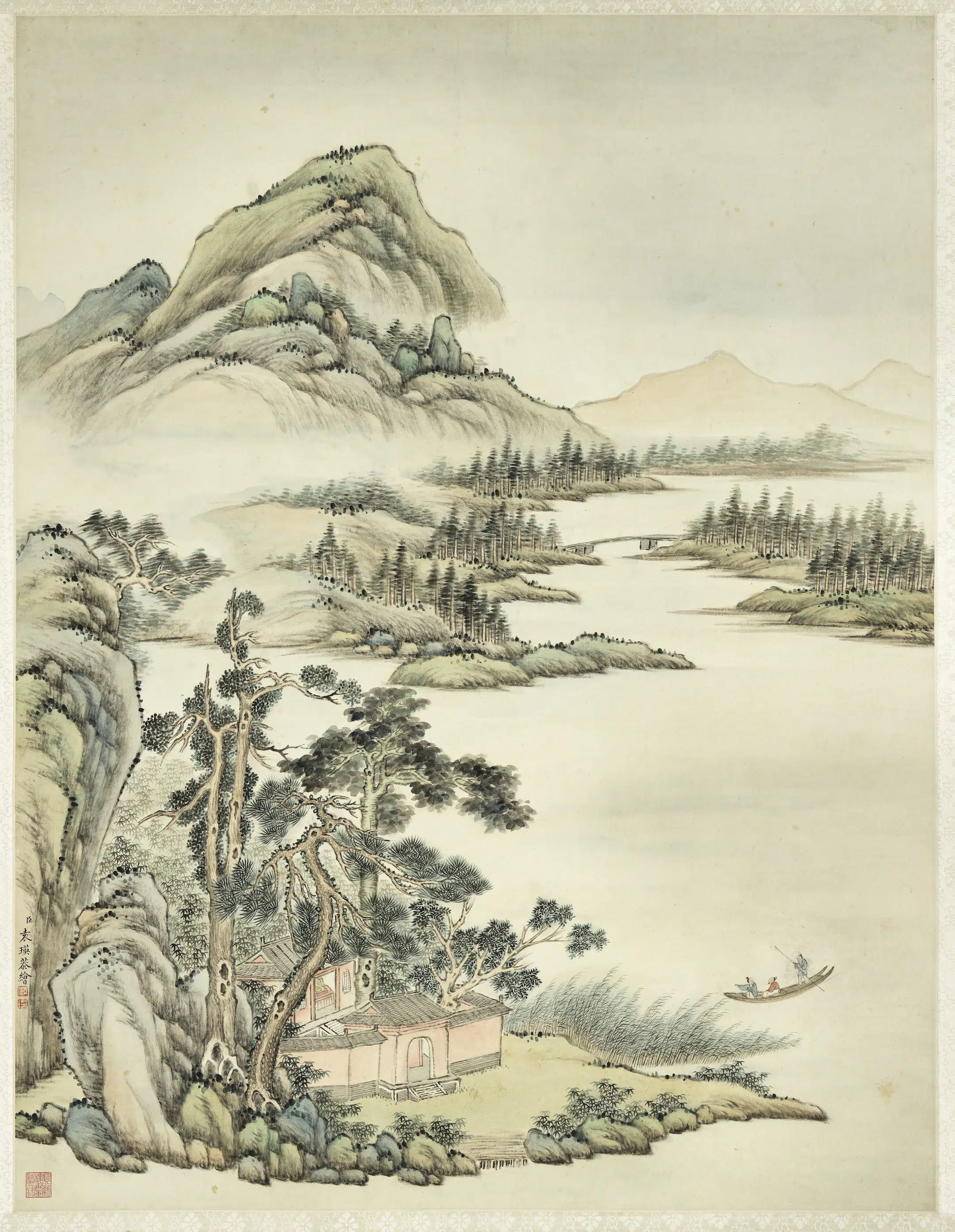 清代【袁瑛】《溪山放棹图轴》