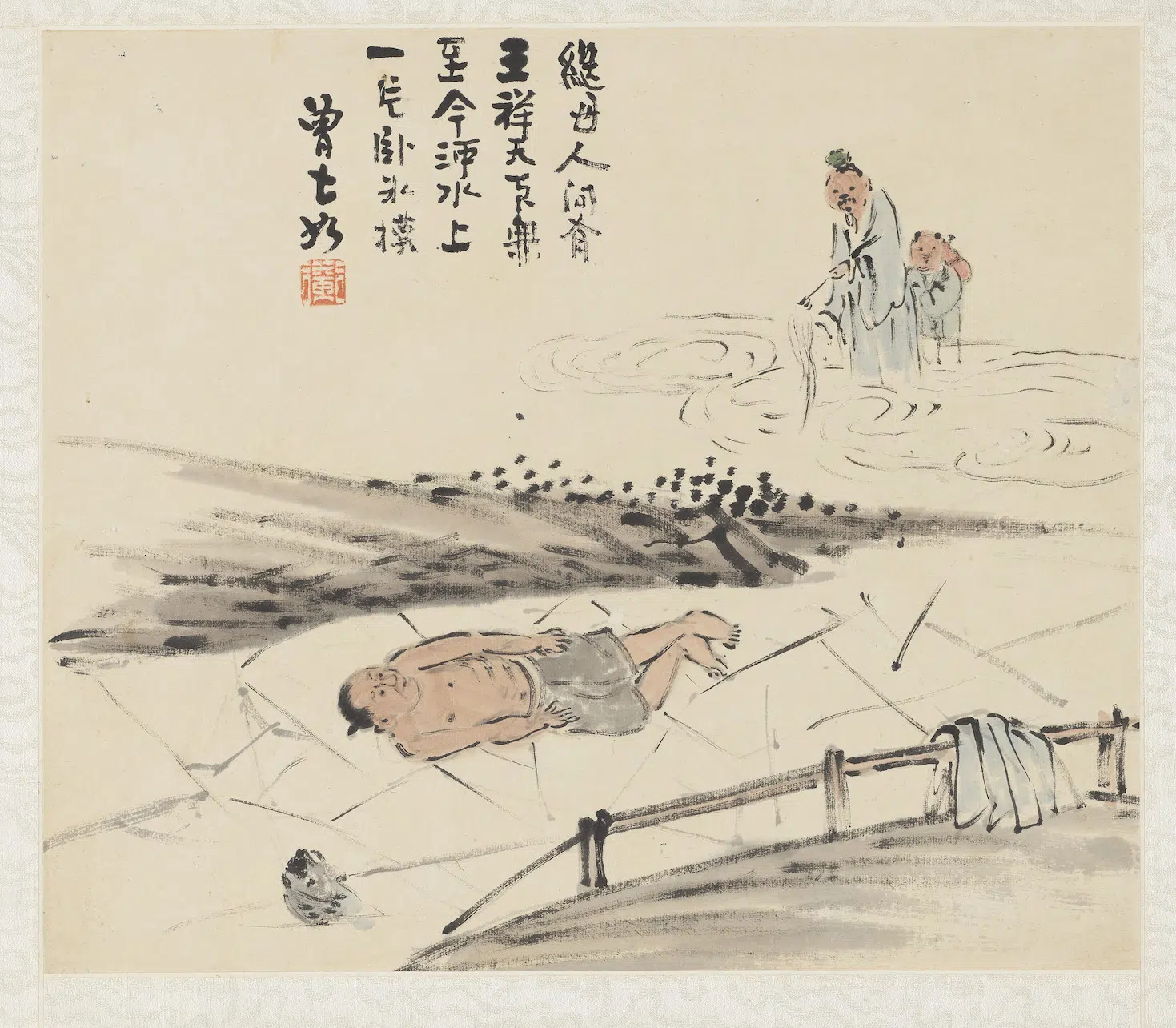 清代【曾衍东】《二十四孝八屏图轴-卧冰求鲤》
